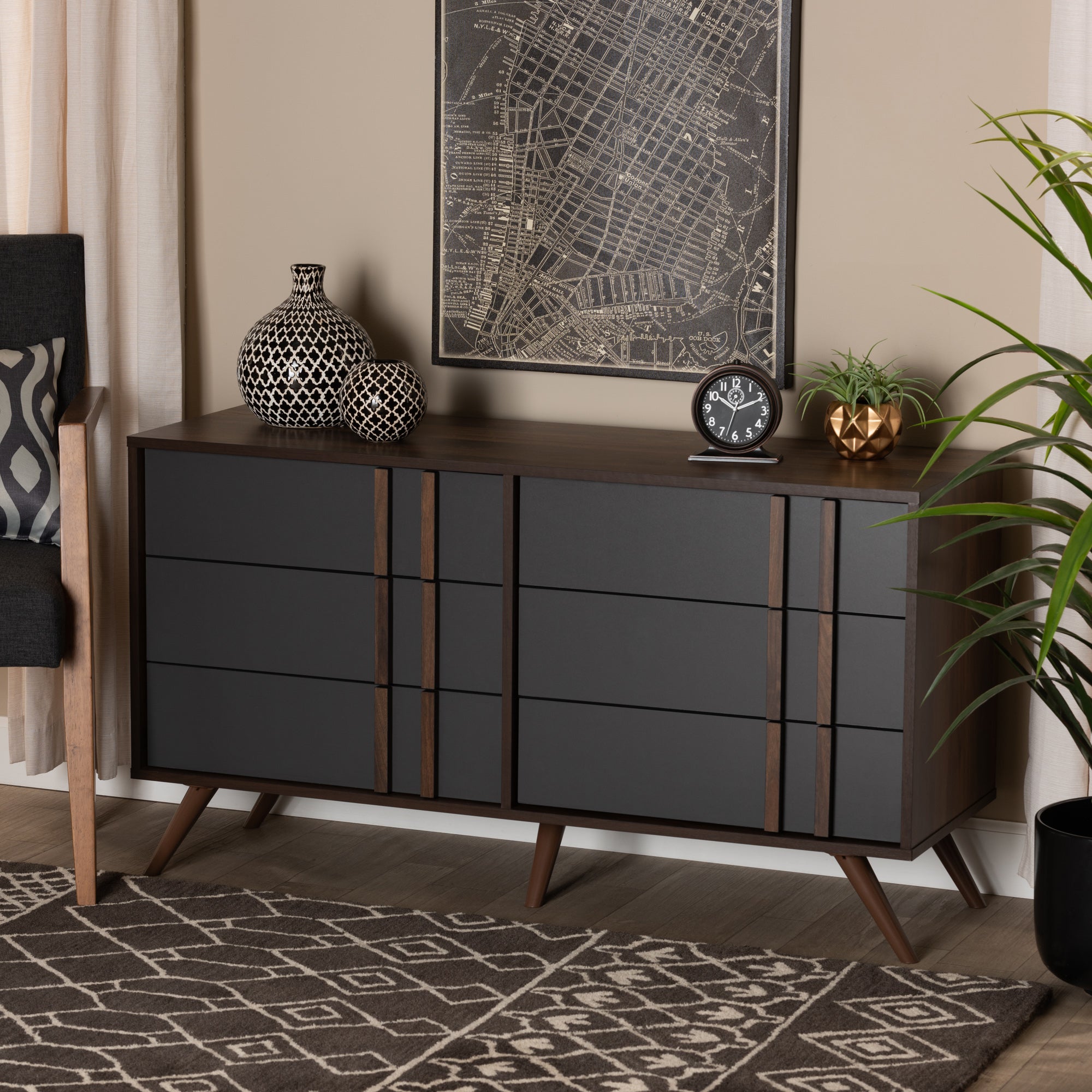 Baxton Studio Naoki Modern and Contemporary Two-Tone Grey and Walnut Finished Wood 6-Drawer Bedroom Dresser