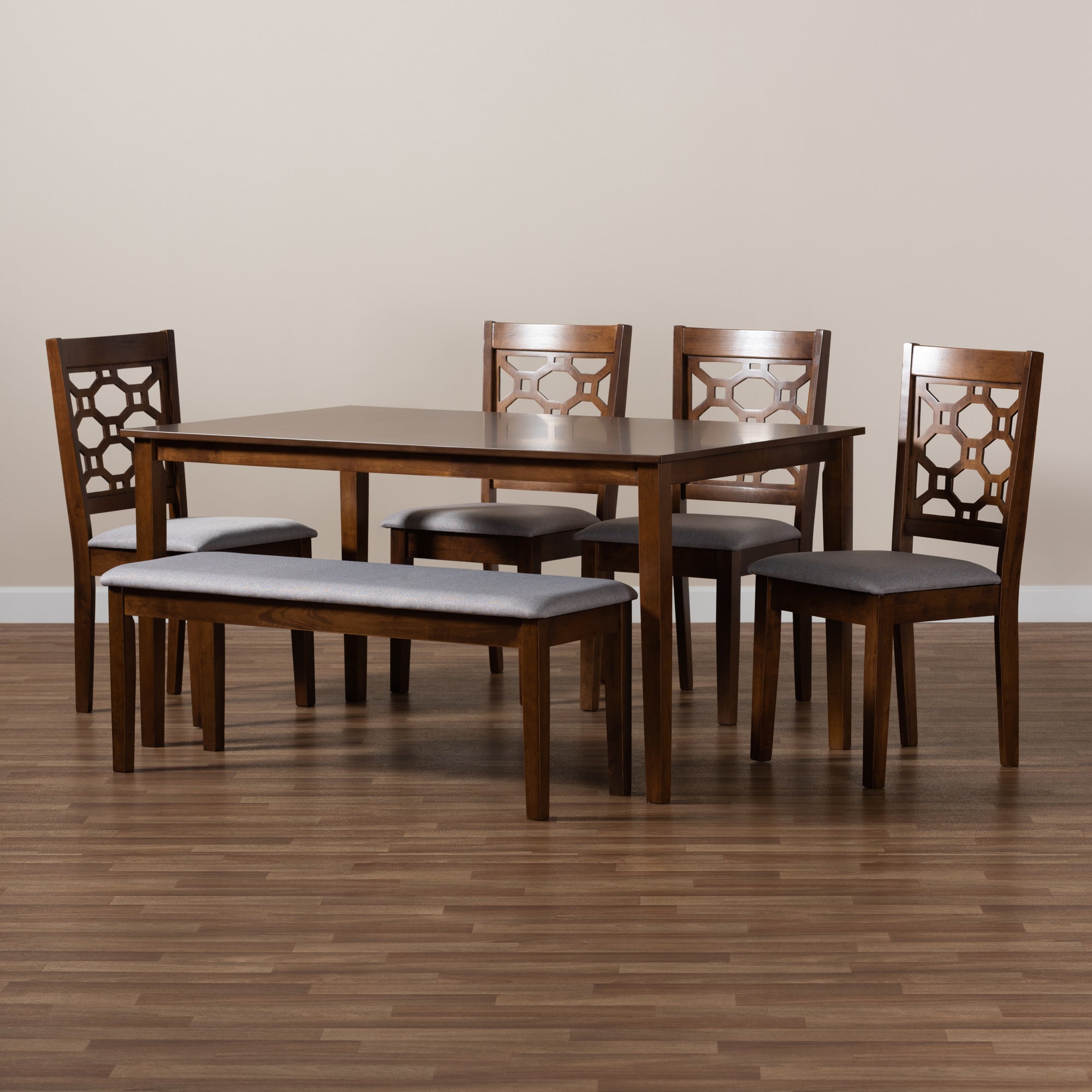 Baxton Studio Gabriel Modern and Contemporary Grey Fabric Upholstered and Walnut Brown Finished Wood 6-Piece Dining Set