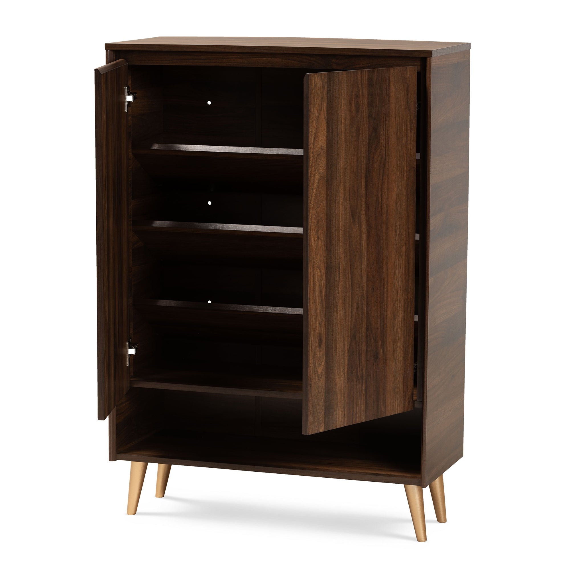 Baxton Studio Landen Mid-Century Modern Walnut Brown and Gold Finished Wood 2-Door Entryway Shoe storage Cabinet