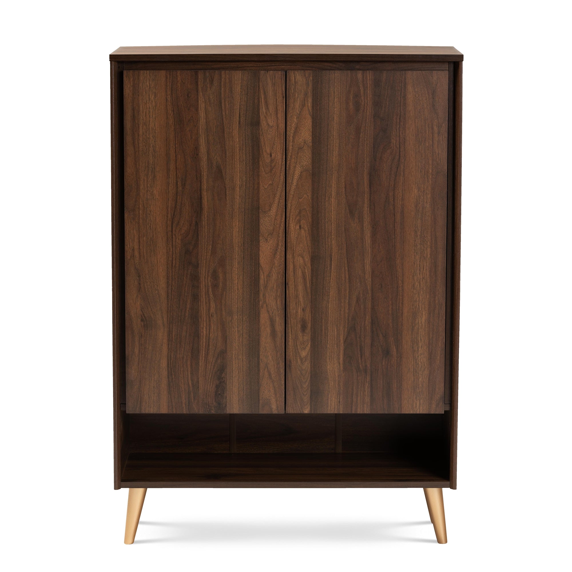Baxton Studio Landen Mid-Century Modern Walnut Brown and Gold Finished Wood 2-Door Entryway Shoe storage Cabinet