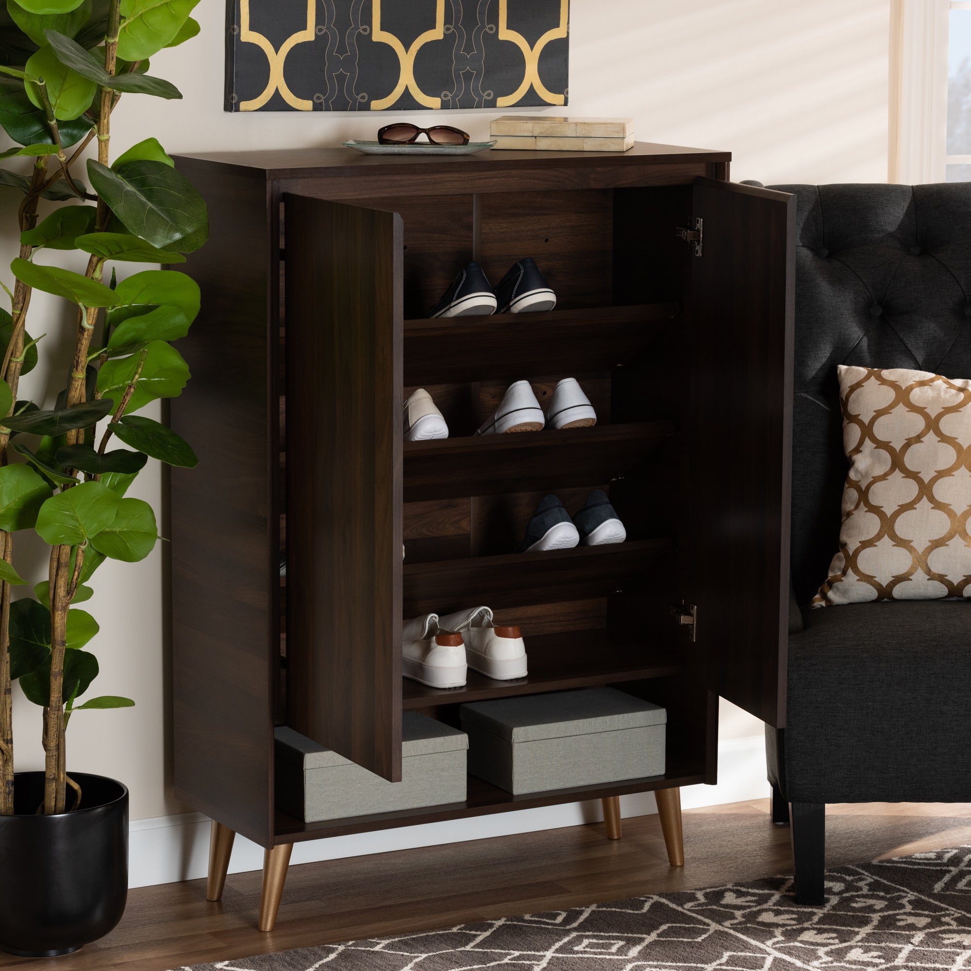 Baxton Studio Landen Mid-Century Modern Walnut Brown and Gold Finished Wood 2-Door Entryway Shoe storage Cabinet