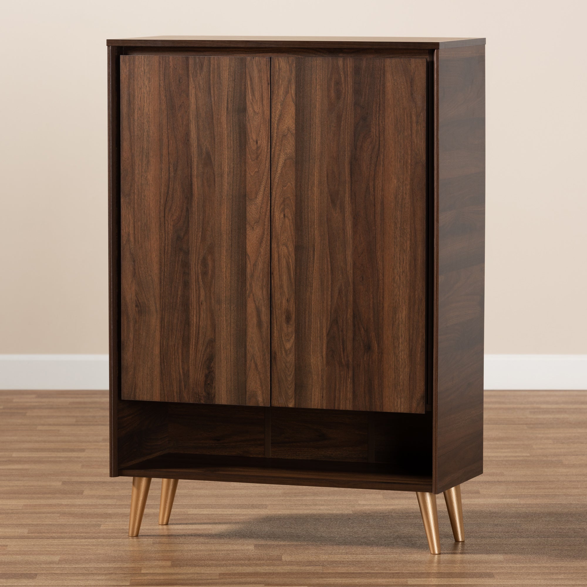 Baxton Studio Landen Mid-Century Modern Walnut Brown and Gold Finished Wood 2-Door Entryway Shoe storage Cabinet
