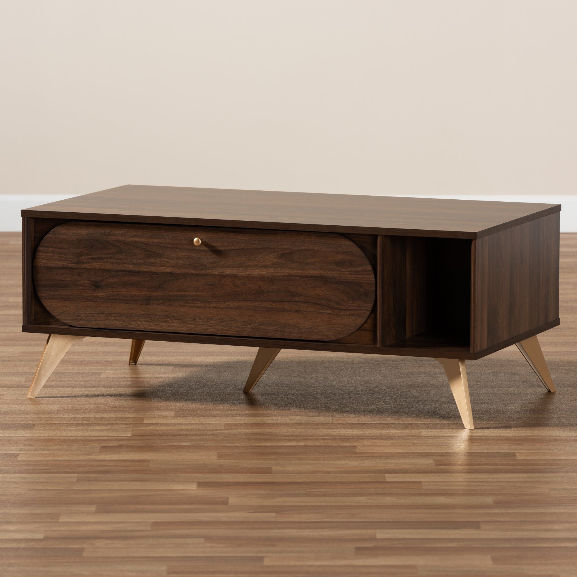 Baxton Studio Edel Mid-Century Modern Walnut Brown and Gold Finished Wood Coffee Table