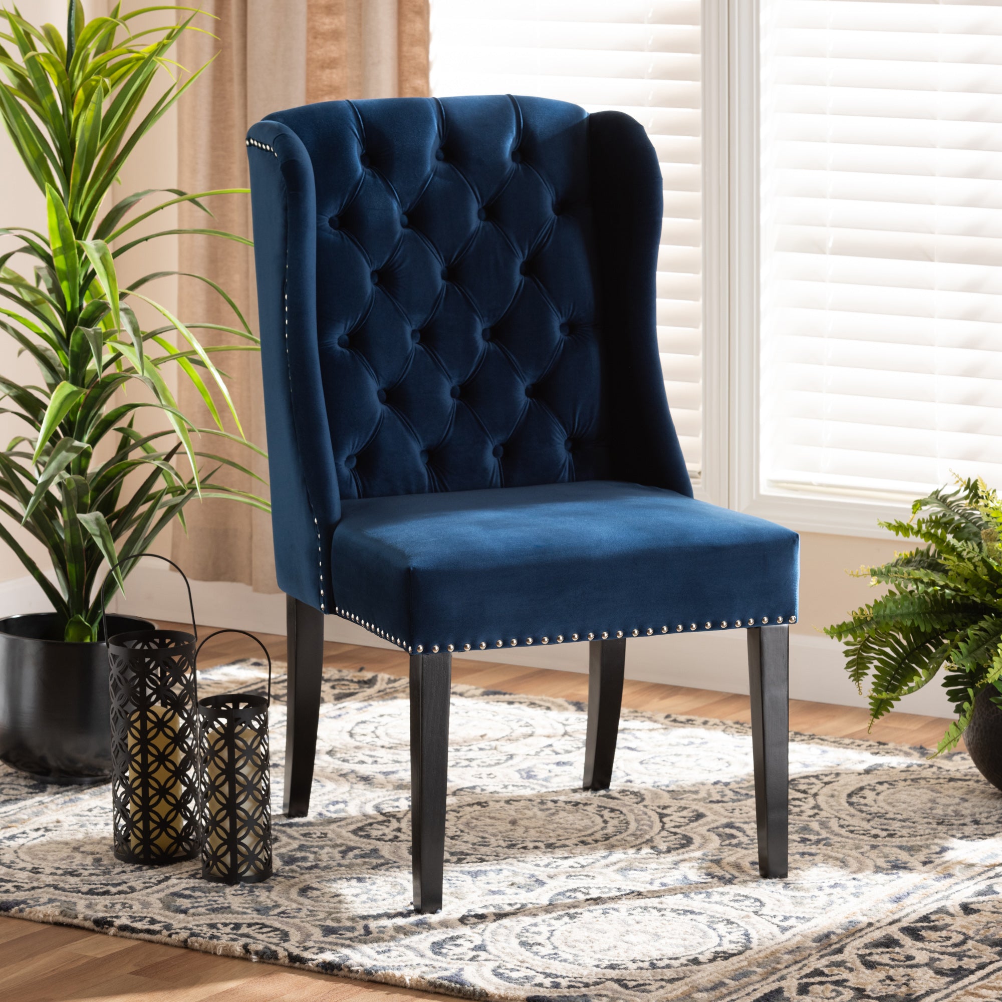 Baxton Studio Lamont Modern Contemporary Transitional Navy Blue Velvet Fabric Upholstered and Dark Brown Finished Wood Wingback Dining Chair
