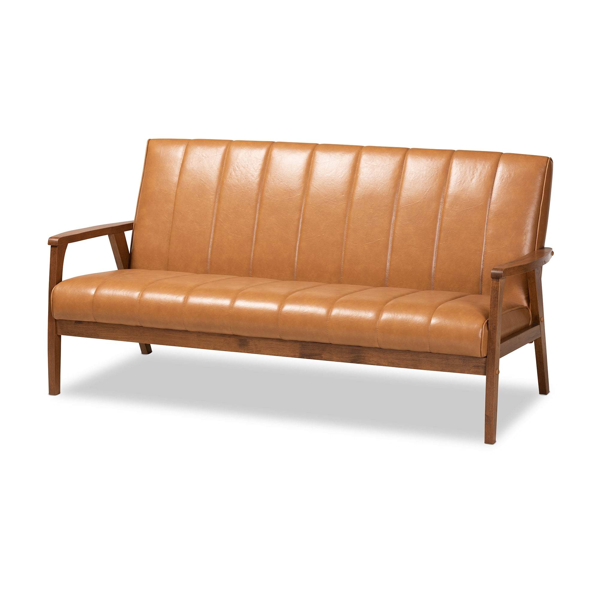 Baxton Studio Nikko Mid-century Modern Tan Faux Leather Upholstered and Walnut Brown finished Wood 3-Piece Living Room Set