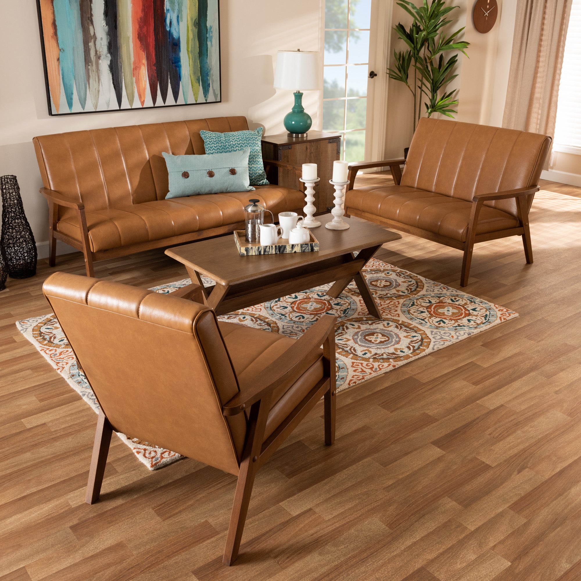 Baxton Studio Nikko Mid-century Modern Tan Faux Leather Upholstered and Walnut Brown finished Wood 3-Piece Living Room Set