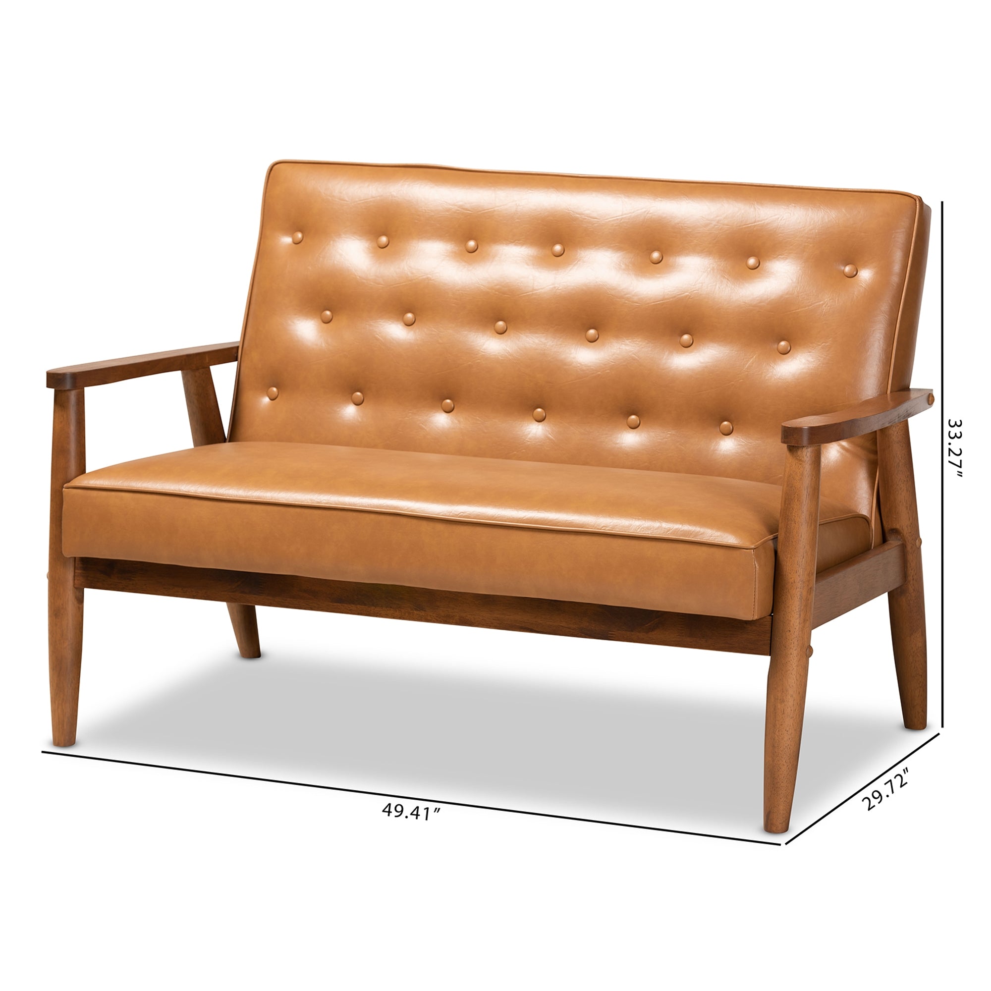 Baxton Studio Sorrento Mid-Century Modern Tan Faux Leather Upholstered and Walnut Brown Finished Wood Loveseat