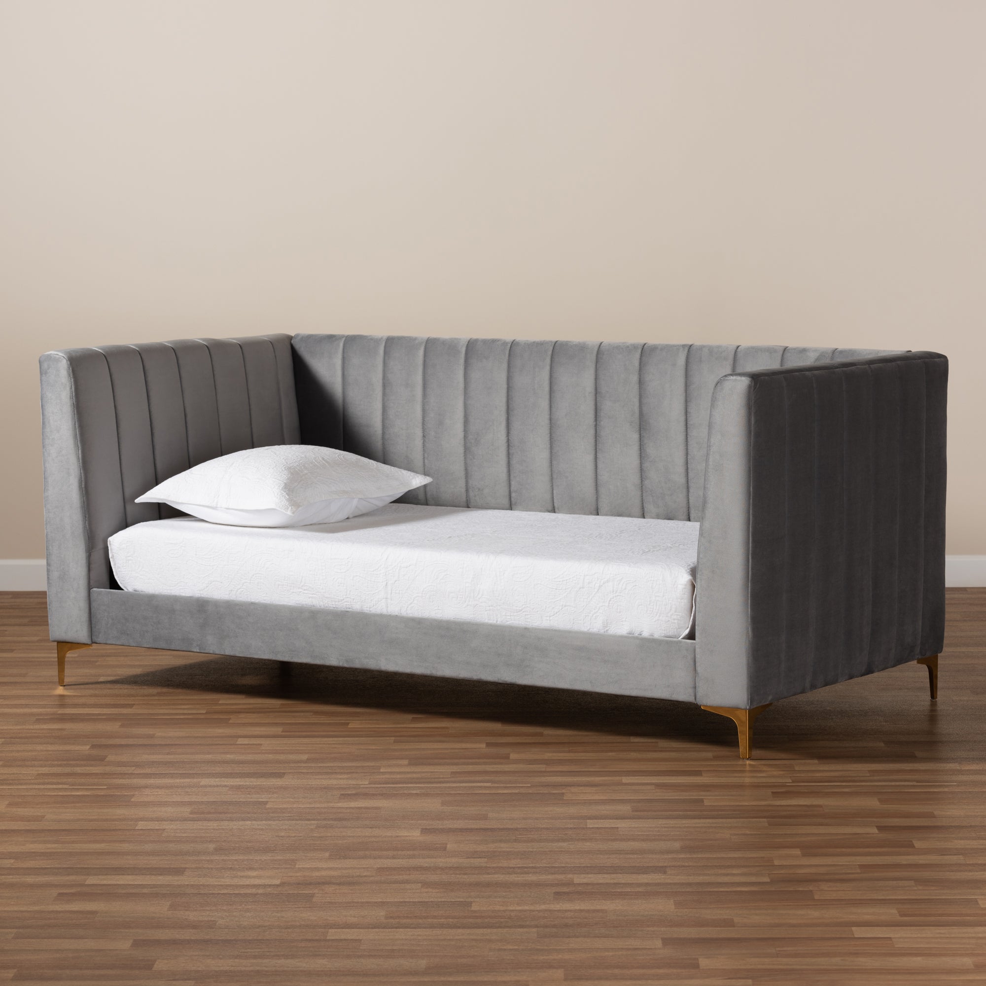Baxton Studio Oksana Modern Contemporary Glam and Luxe Light Grey Velvet Fabric Upholstered and Gold Finished Twin Size Daybed