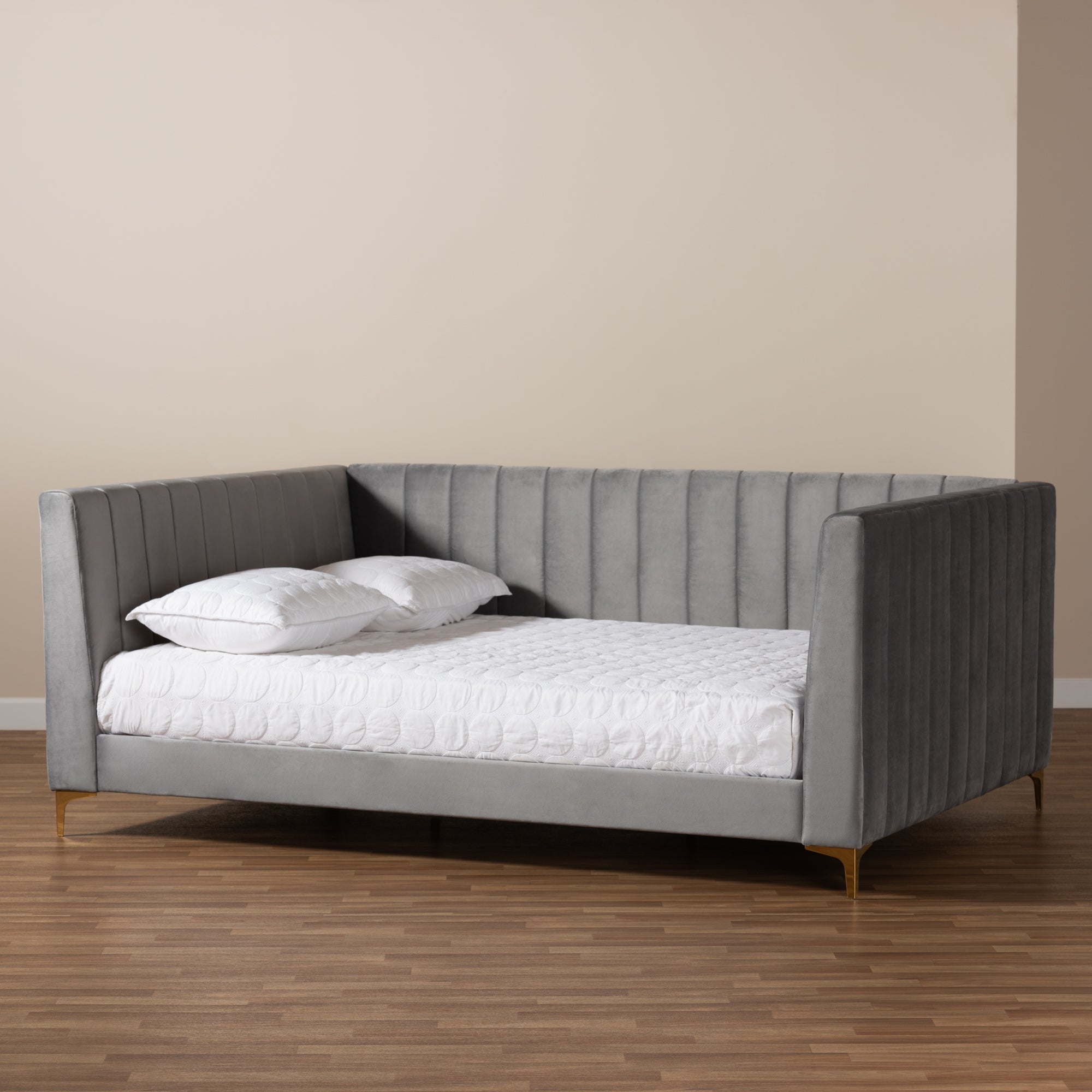 Baxton Studio Oksana Modern Contemporary Glam and Luxe Light Grey Velvet Fabric Upholstered and Gold Finished Queen Size Daybed