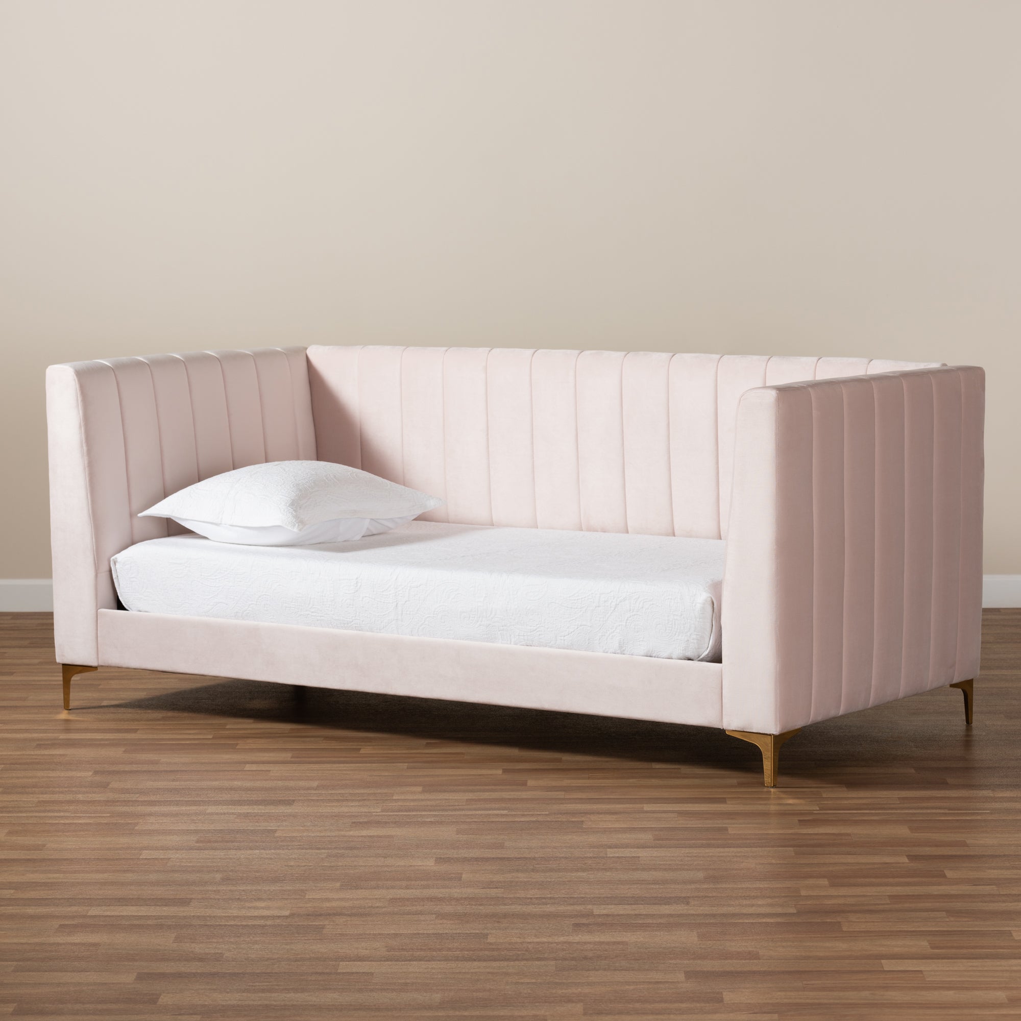 Baxton Studio Oksana Modern Contemporary Glam and Luxe Light Pink Velvet Fabric Upholstered and Gold Finished Twin Size Daybed