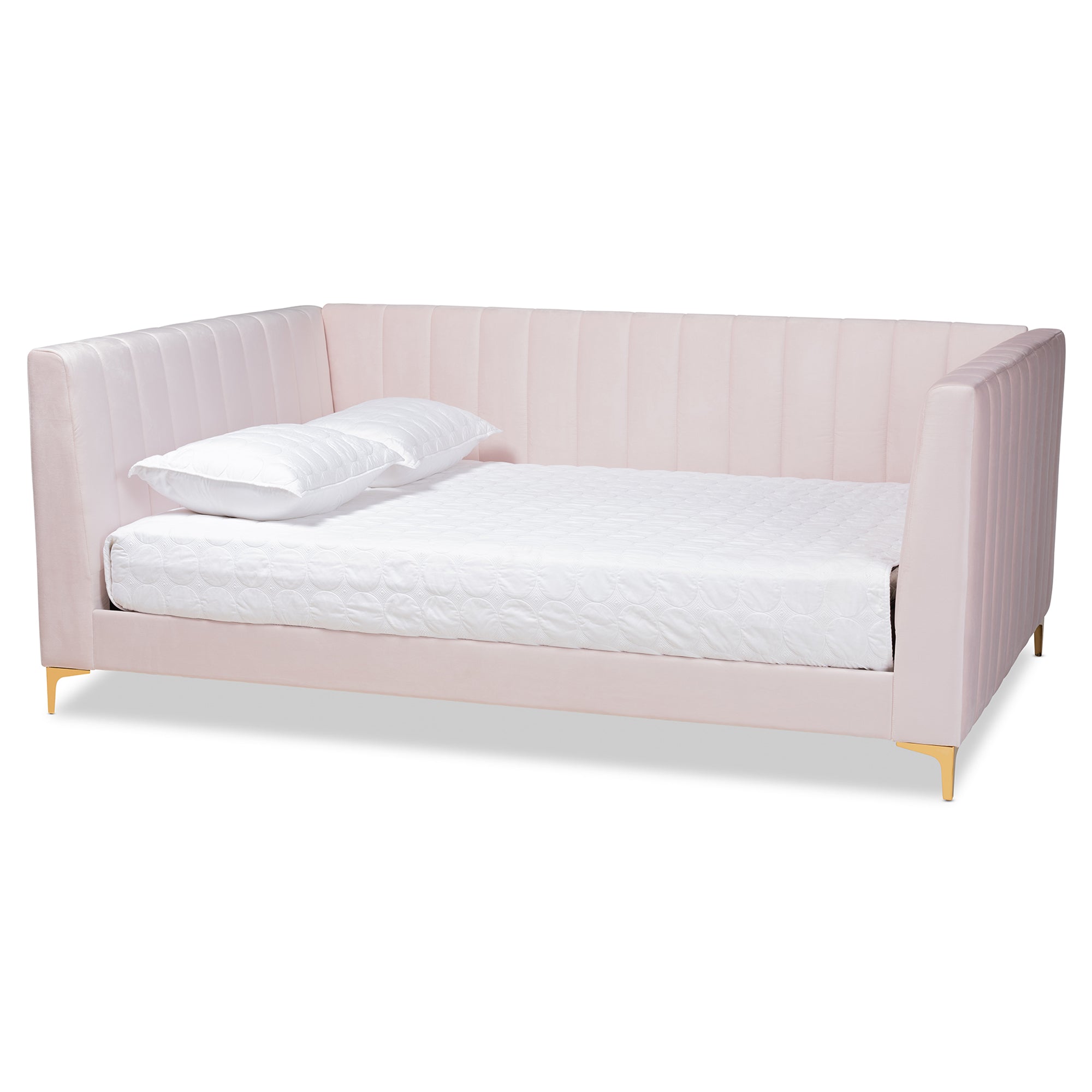 Baxton Studio Oksana Modern Contemporary Glam and Luxe Light Pink Velvet Fabric Upholstered and Gold Finished Queen Size Daybed