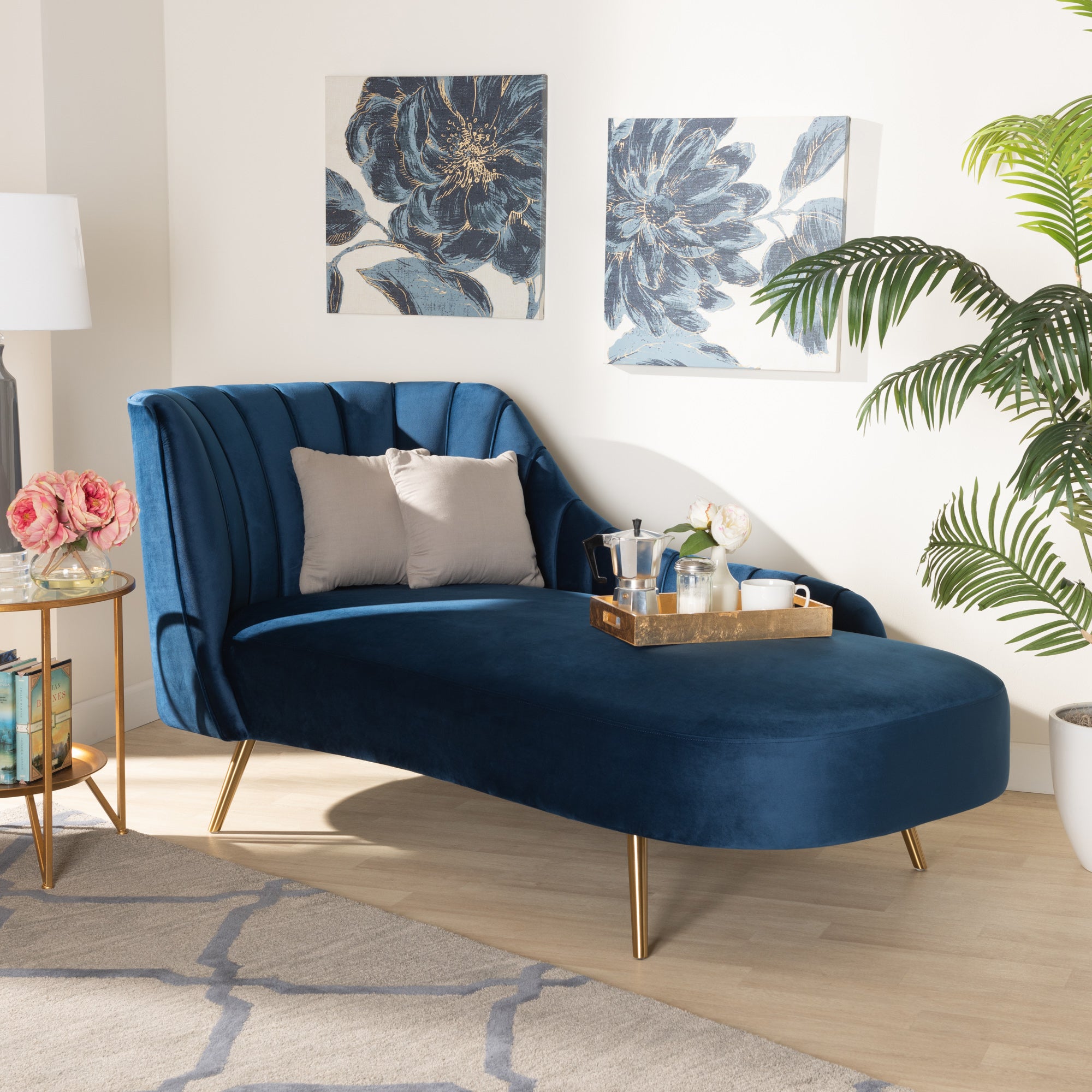 Baxton Studio Kailyn Glam and Luxe Navy Blue Velvet Fabric Upholstered and Gold Finished Chaise