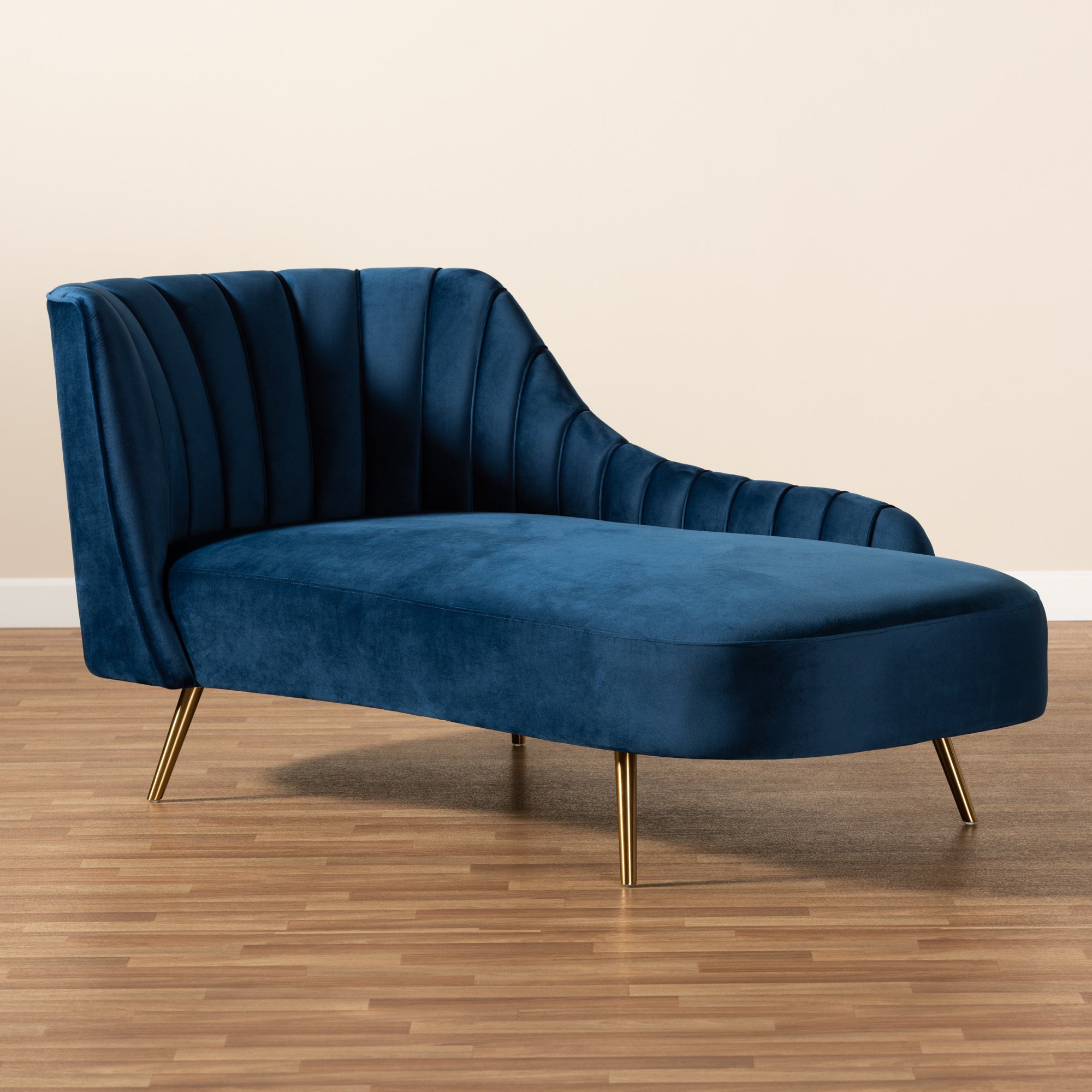 Baxton Studio Kailyn Glam and Luxe Navy Blue Velvet Fabric Upholstered and Gold Finished Chaise