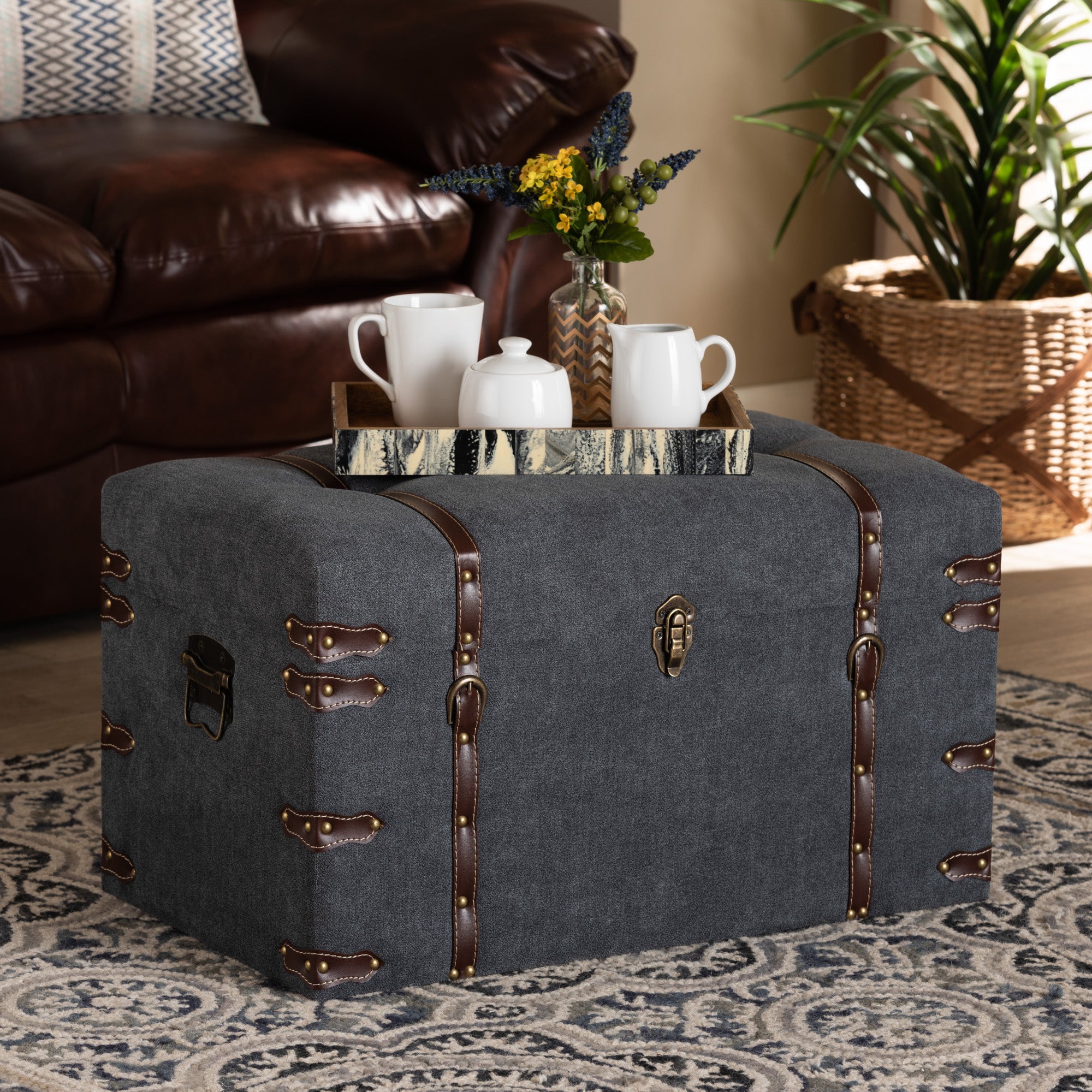 Baxton Studio Palma Modern and Contemporary Transitional Grey Fabric Upholstered Storage Trunk Ottoman