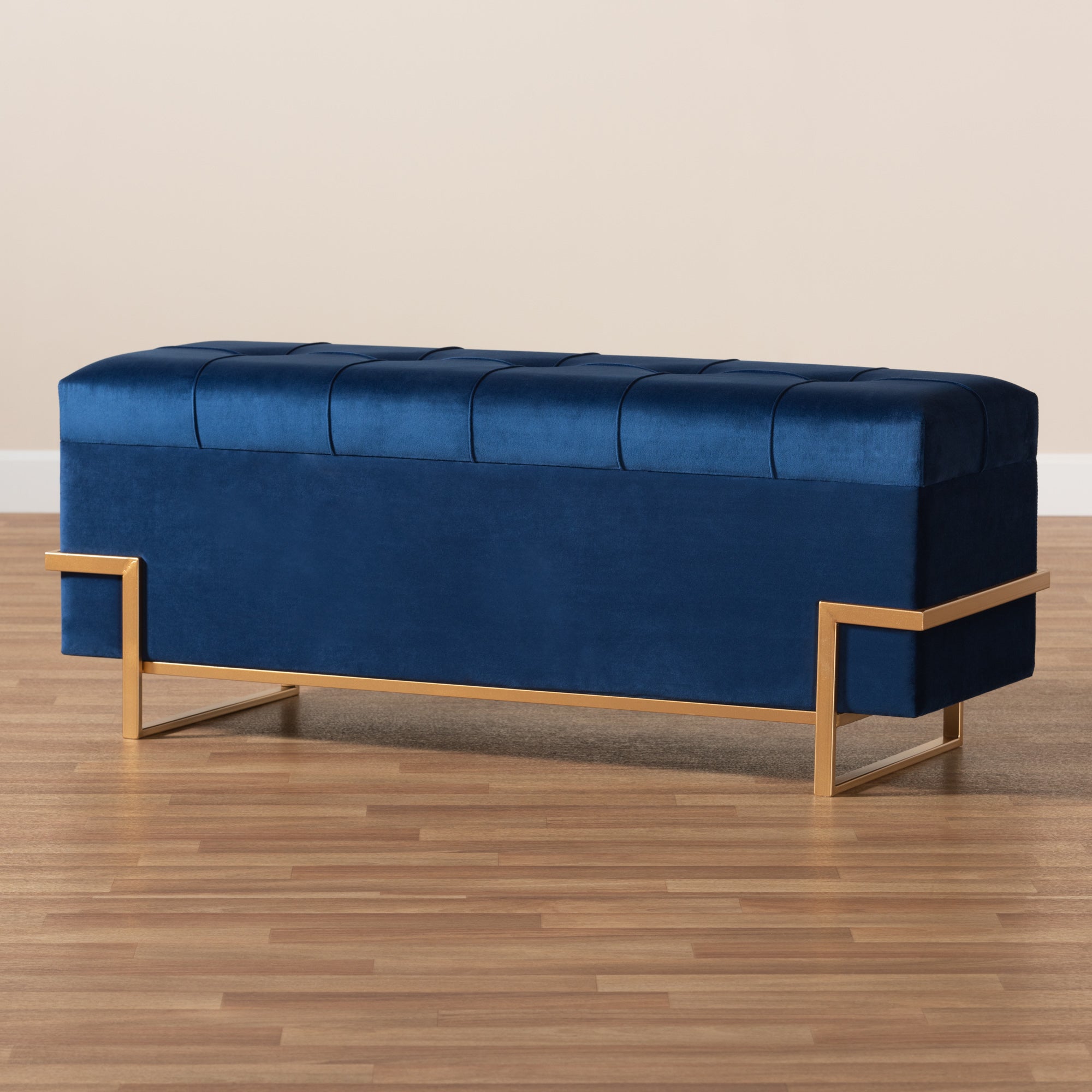 Baxton Studio Parker Glam and Luxe Navy Blue Velvet Upholstered and Gold Metal Finished Storage Ottoman