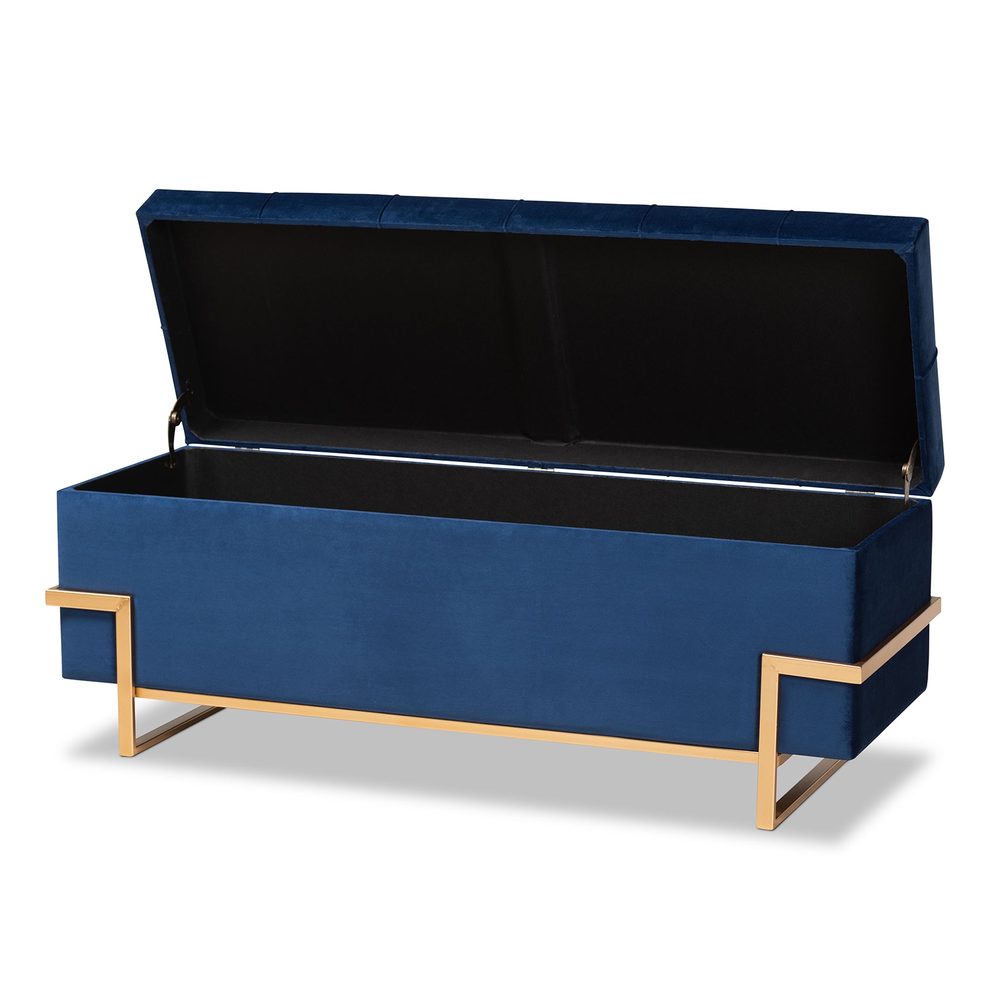 Baxton Studio Parker Glam and Luxe Navy Blue Velvet Upholstered and Gold Metal Finished Storage Ottoman