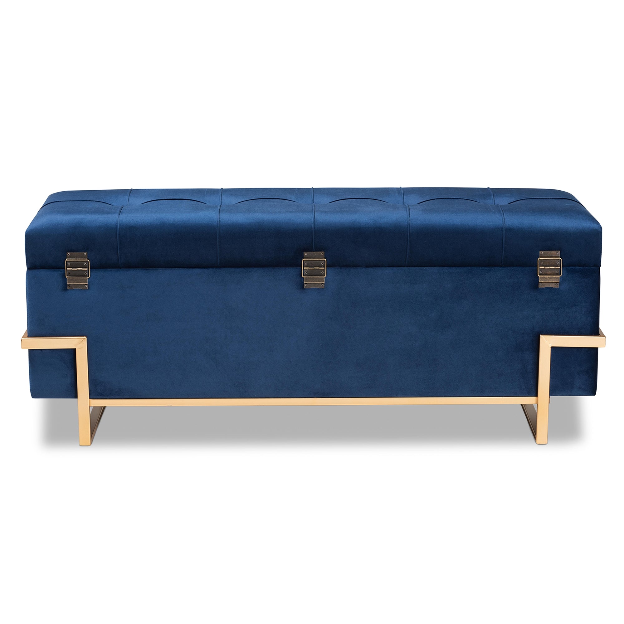 Baxton Studio Parker Glam and Luxe Navy Blue Velvet Upholstered and Gold Metal Finished Storage Ottoman