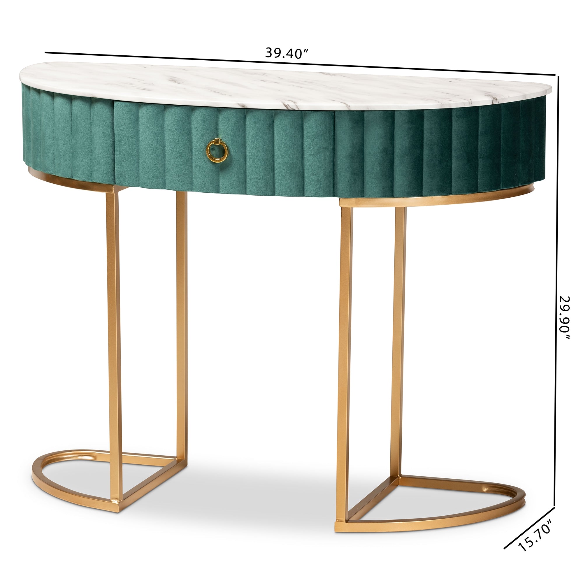 Baxton Studio Beale Luxe and Glam Green Velvet Upholstered and Brushed Gold Finished 1-Drawer Console Table with Faux Marble Tabletop