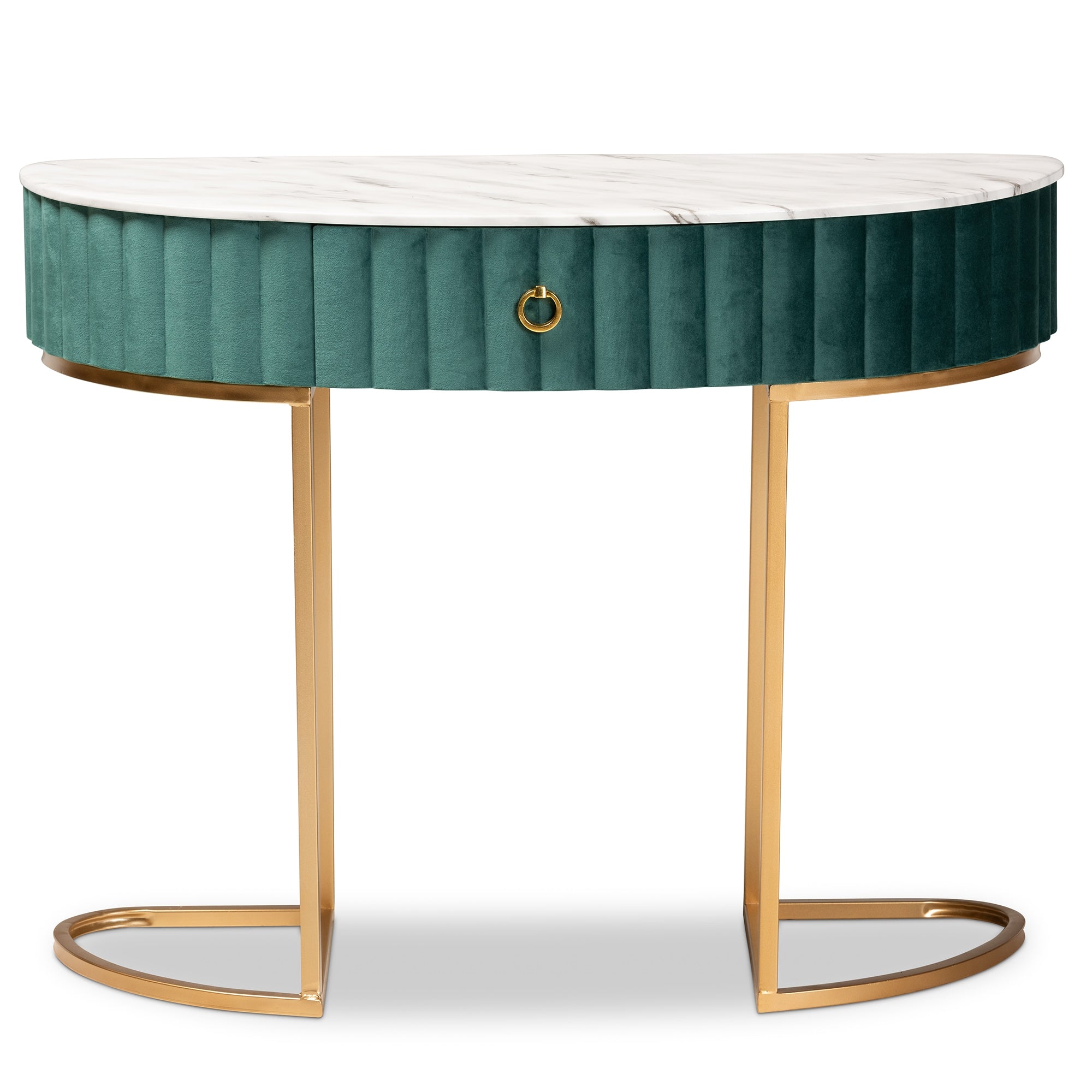 Baxton Studio Beale Luxe and Glam Green Velvet Upholstered and Brushed Gold Finished 1-Drawer Console Table with Faux Marble Tabletop
