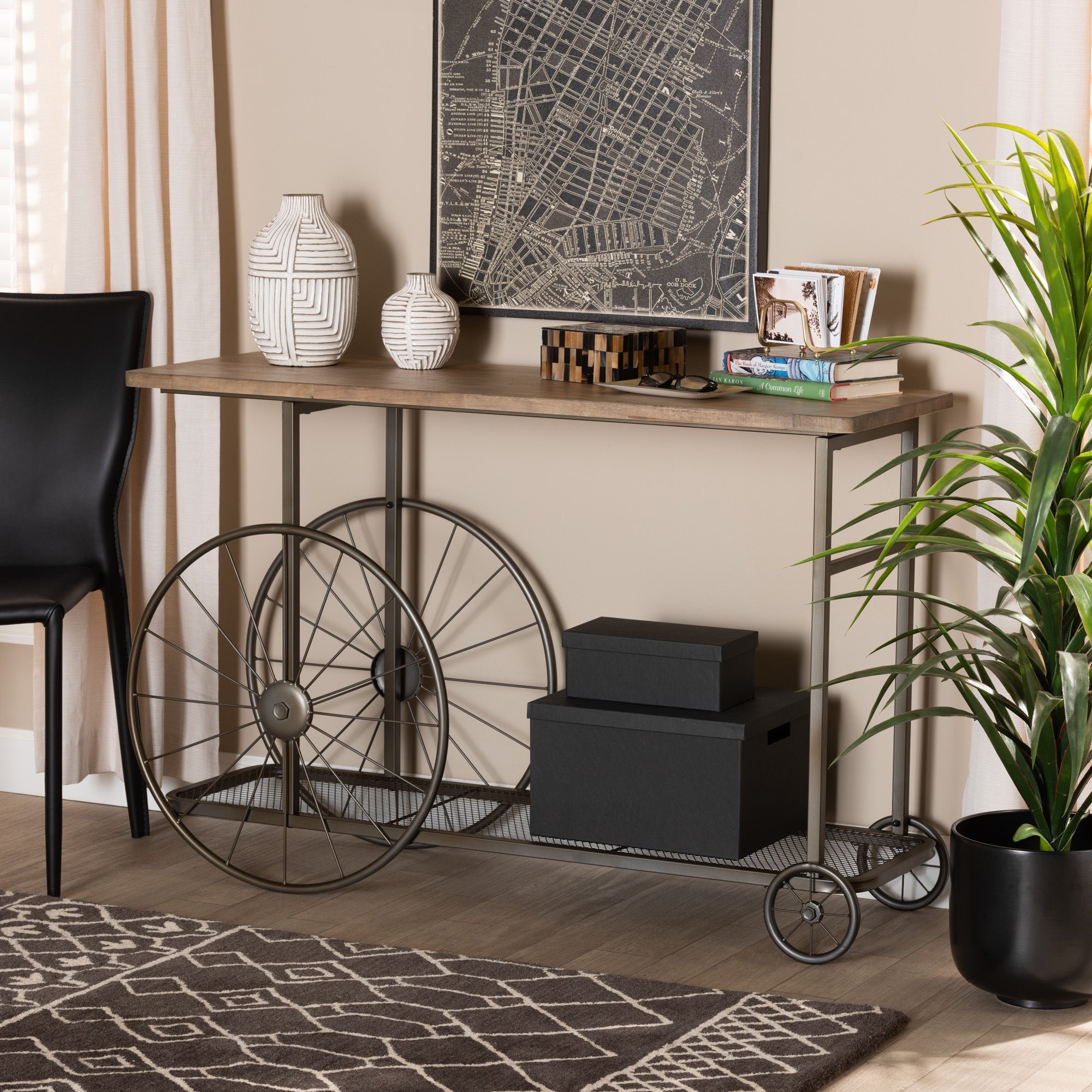 Baxton Studio Terence Vintage Rustic Industrial Natural Finished Wood and Black Finished Metal Wheeled Console Table