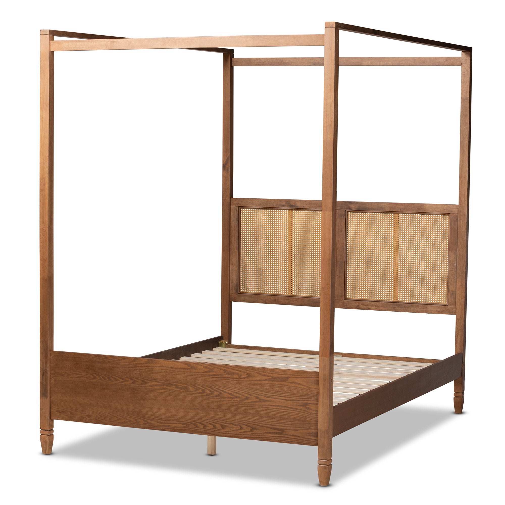 Baxton Studio Malia Modern and Contemporary Walnut Brown Finished Wood and Synthetic Rattan Queen Size Canopy Bed