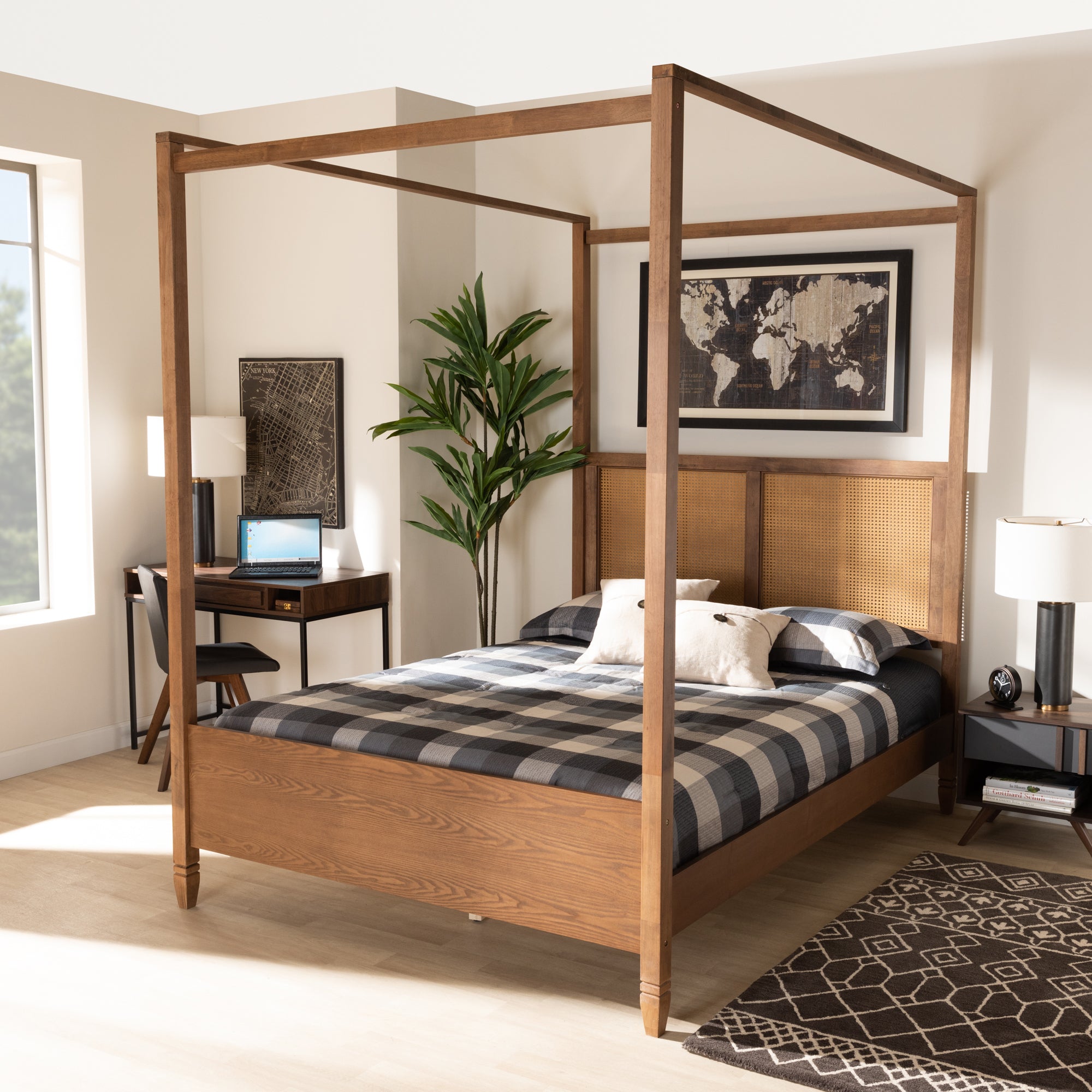 Baxton Studio Malia Modern and Contemporary Walnut Brown Finished Wood and Synthetic Rattan King Size Canopy Bed