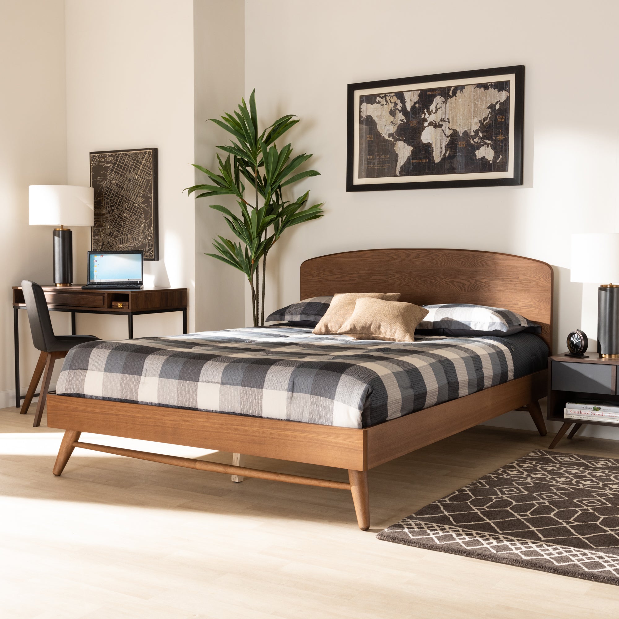 Baxton Studio Keagan Mid-Century Modern Transitional Walnut Brown Finished Wood Queen Size Platform Bed