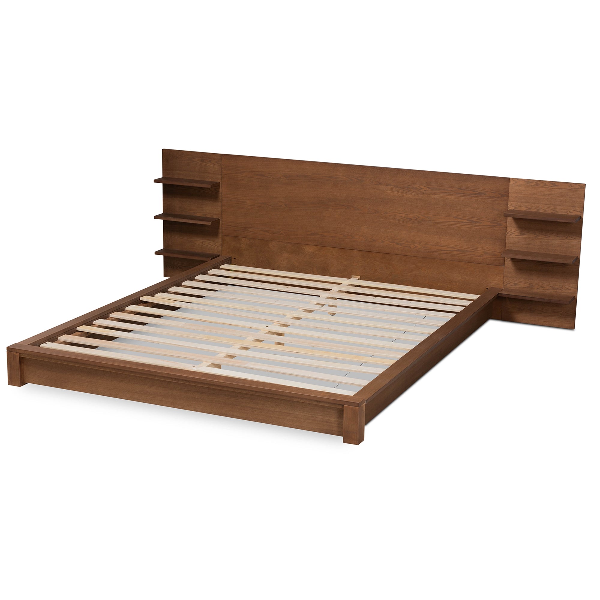 Baxton Studio Elina Modern and Contemporary Walnut Brown Finished Wood King Size Platform Storage Bed with Shelves