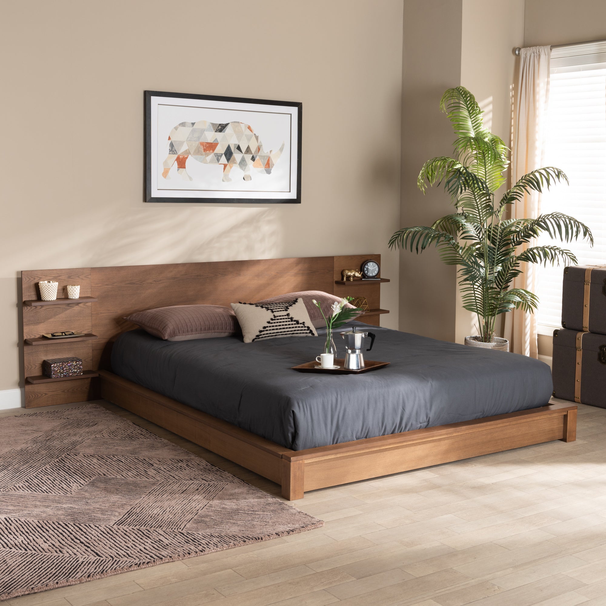 Baxton Studio Elina Modern and Contemporary Walnut Brown Finished Wood King Size Platform Storage Bed with Shelves