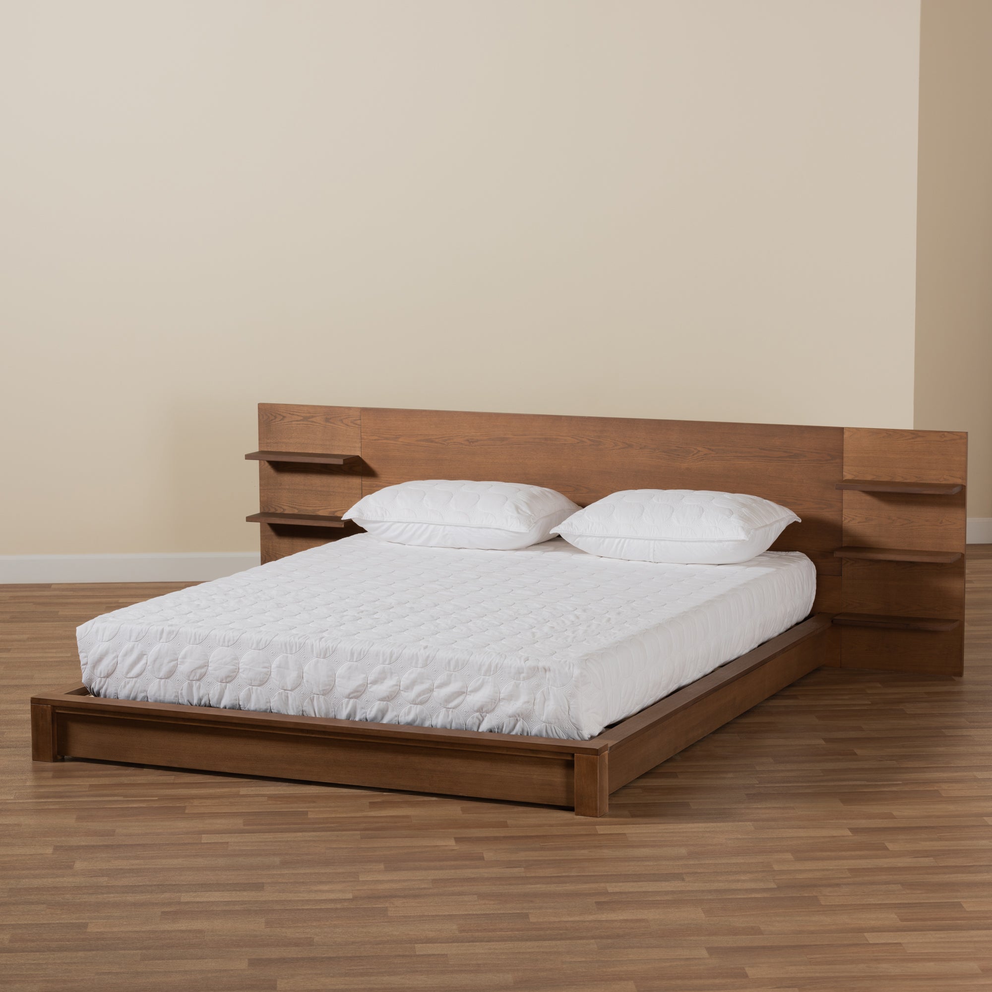 Baxton Studio Elina Modern and Contemporary Walnut Brown Finished Wood Queen Size Platform Storage Bed with Shelves