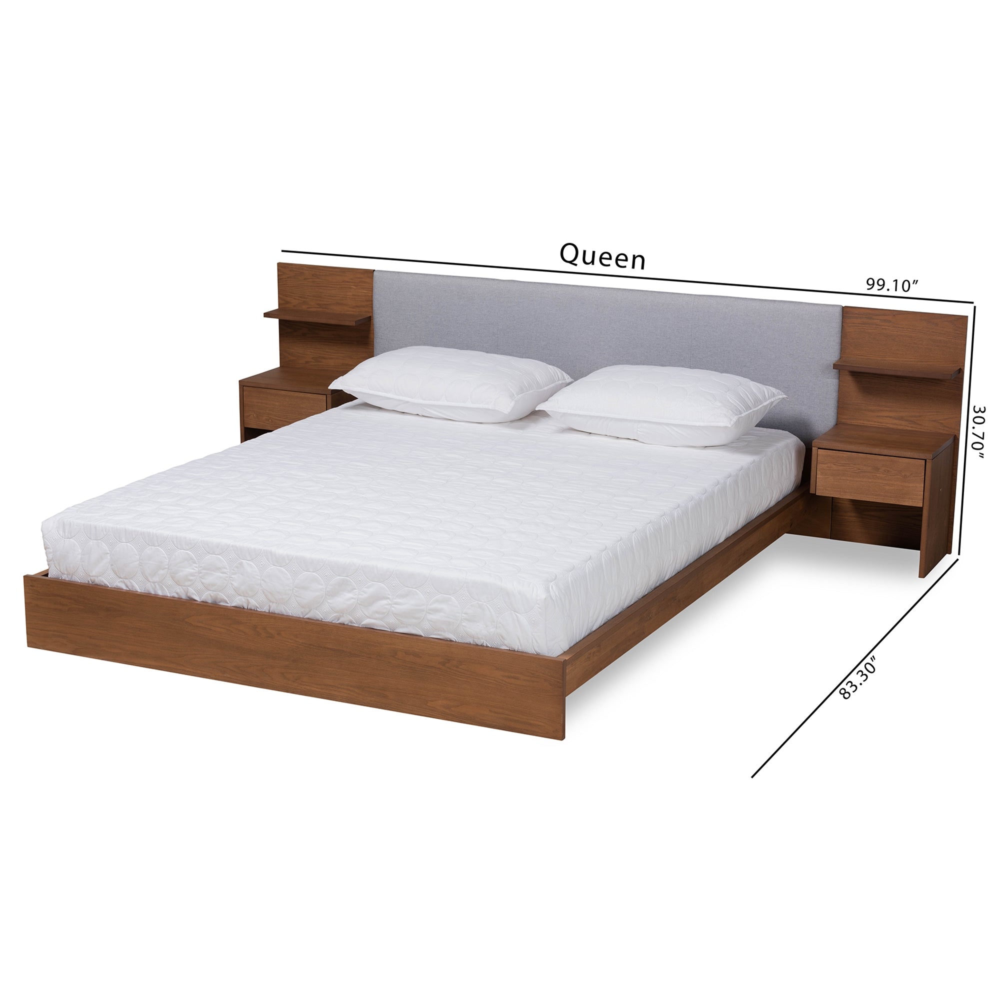Baxton Studio Sami Modern and Contemporary Light Grey Fabric Upholstered and Walnut Brown Finished Wood Queen Size Platform Storage Bed with Built-In Nightstands