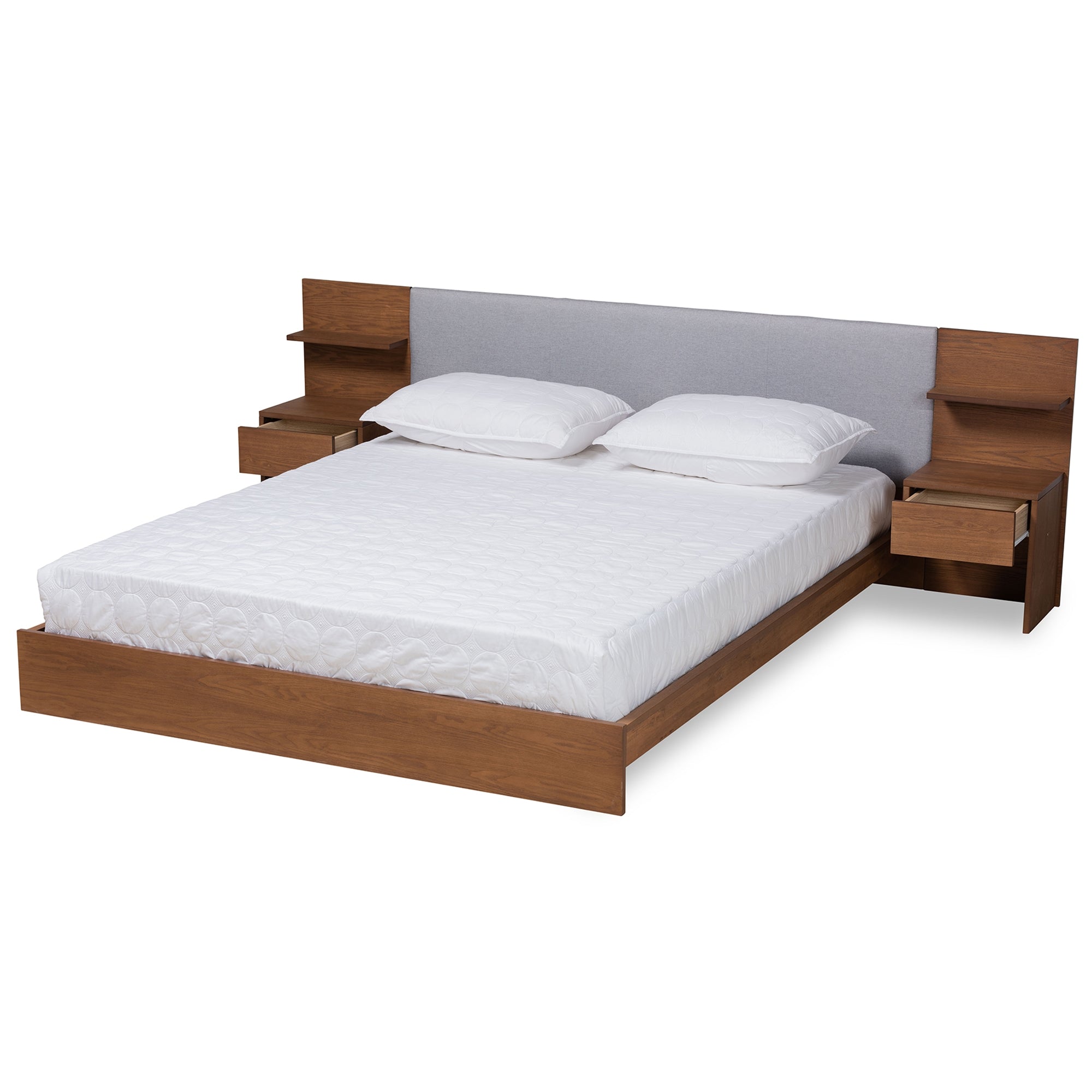 Baxton Studio Sami Modern and Contemporary Light Grey Fabric Upholstered and Walnut Brown Finished Wood Queen Size Platform Storage Bed with Built-In Nightstands