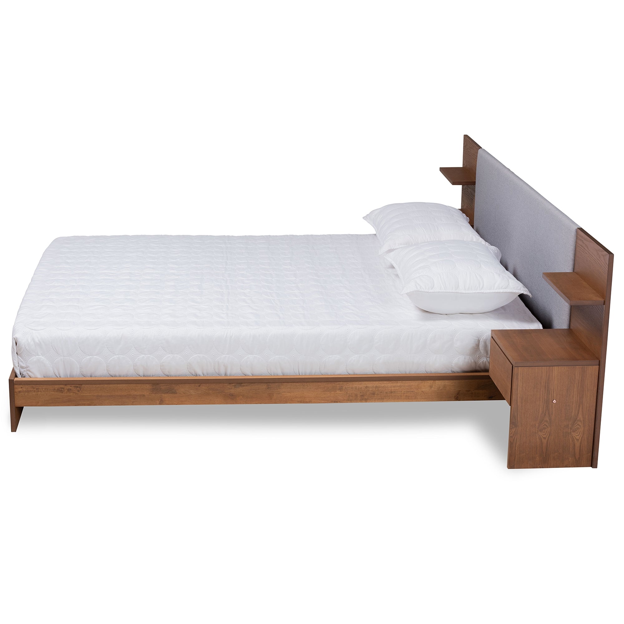 Baxton Studio Sami Modern and Contemporary Light Grey Fabric Upholstered and Walnut Brown Finished Wood Queen Size Platform Storage Bed with Built-In Nightstands