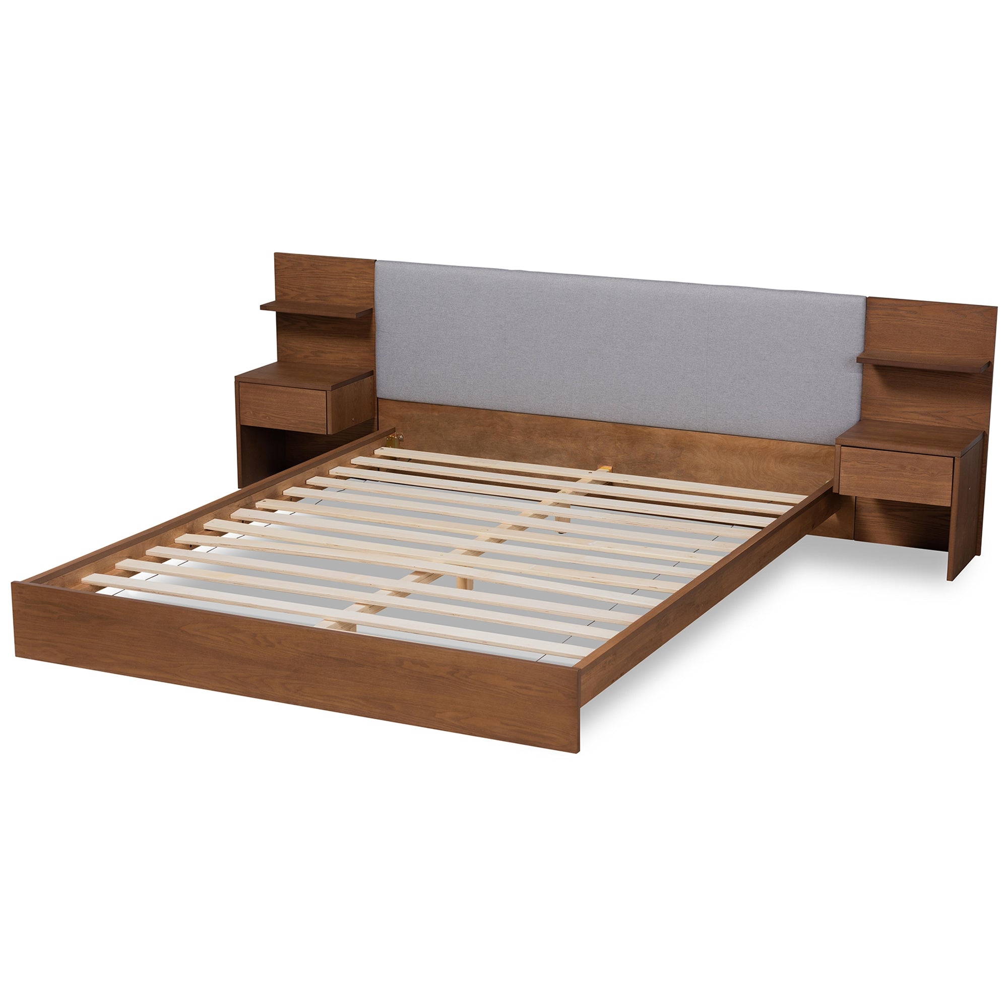 Baxton Studio Sami Modern and Contemporary Light Grey Fabric Upholstered and Walnut Brown Finished Wood Queen Size Platform Storage Bed with Built-In Nightstands