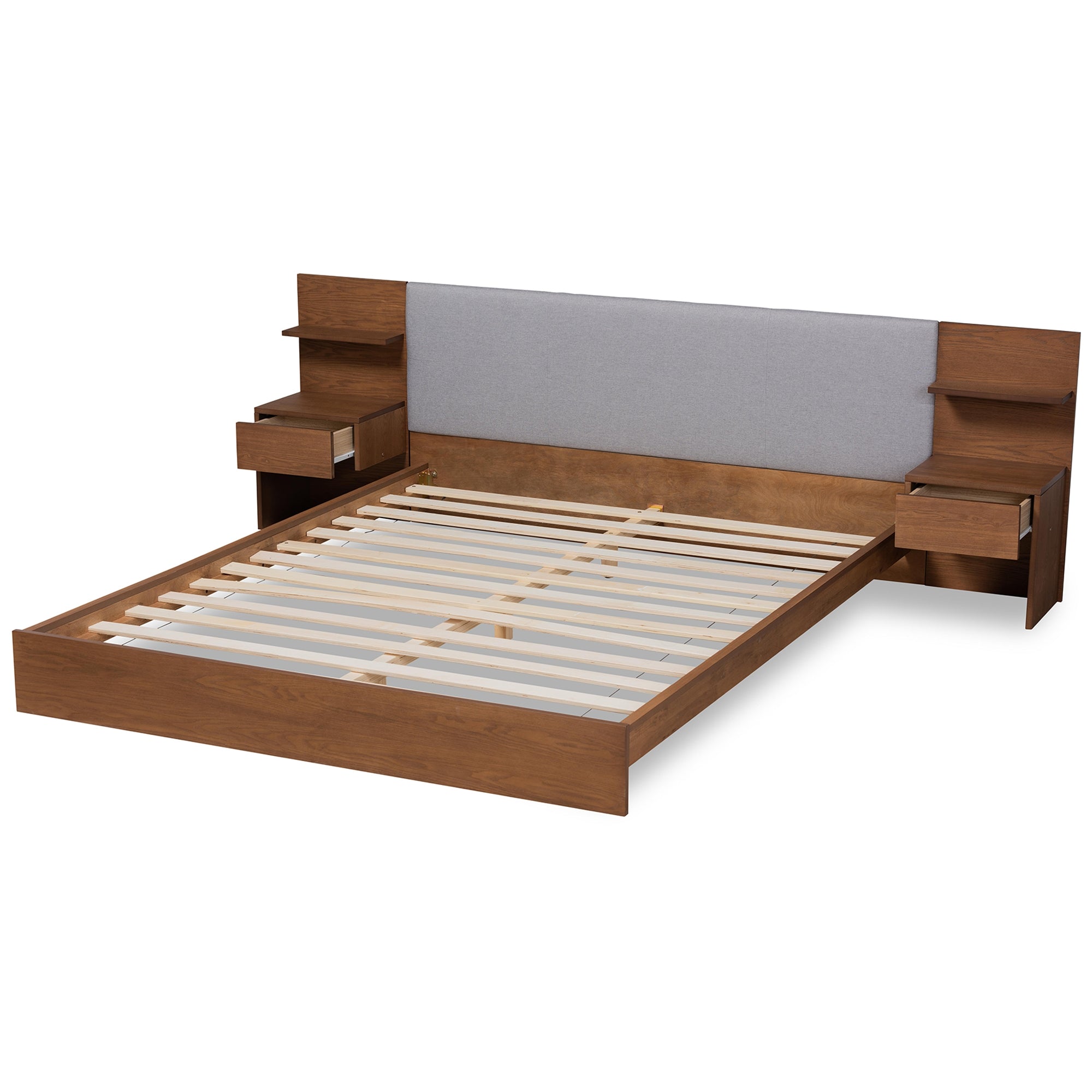Baxton Studio Sami Modern and Contemporary Light Grey Fabric Upholstered and Walnut Brown Finished Wood Queen Size Platform Storage Bed with Built-In Nightstands