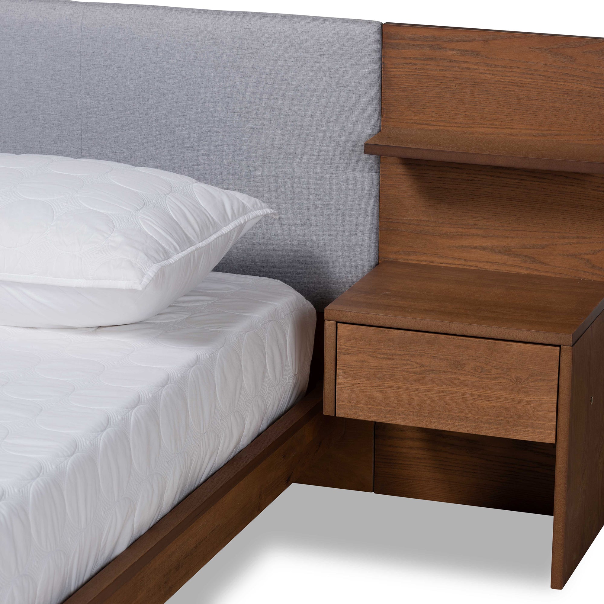 Baxton Studio Sami Modern and Contemporary Light Grey Fabric Upholstered and Walnut Brown Finished Wood Queen Size Platform Storage Bed with Built-In Nightstands