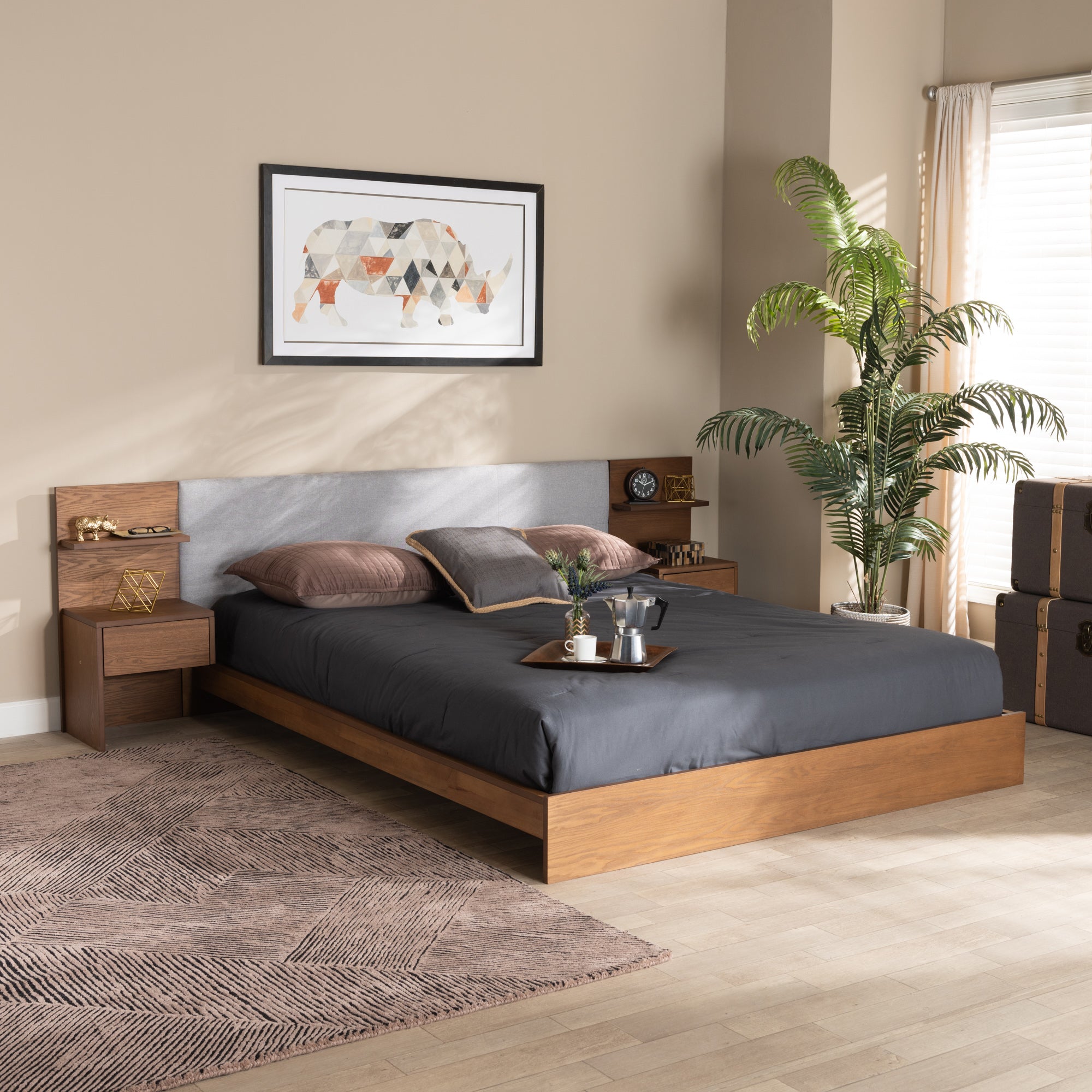 Baxton Studio Sami Modern and Contemporary Light Grey Fabric Upholstered and Walnut Brown Finished Wood Queen Size Platform Storage Bed with Built-In Nightstands