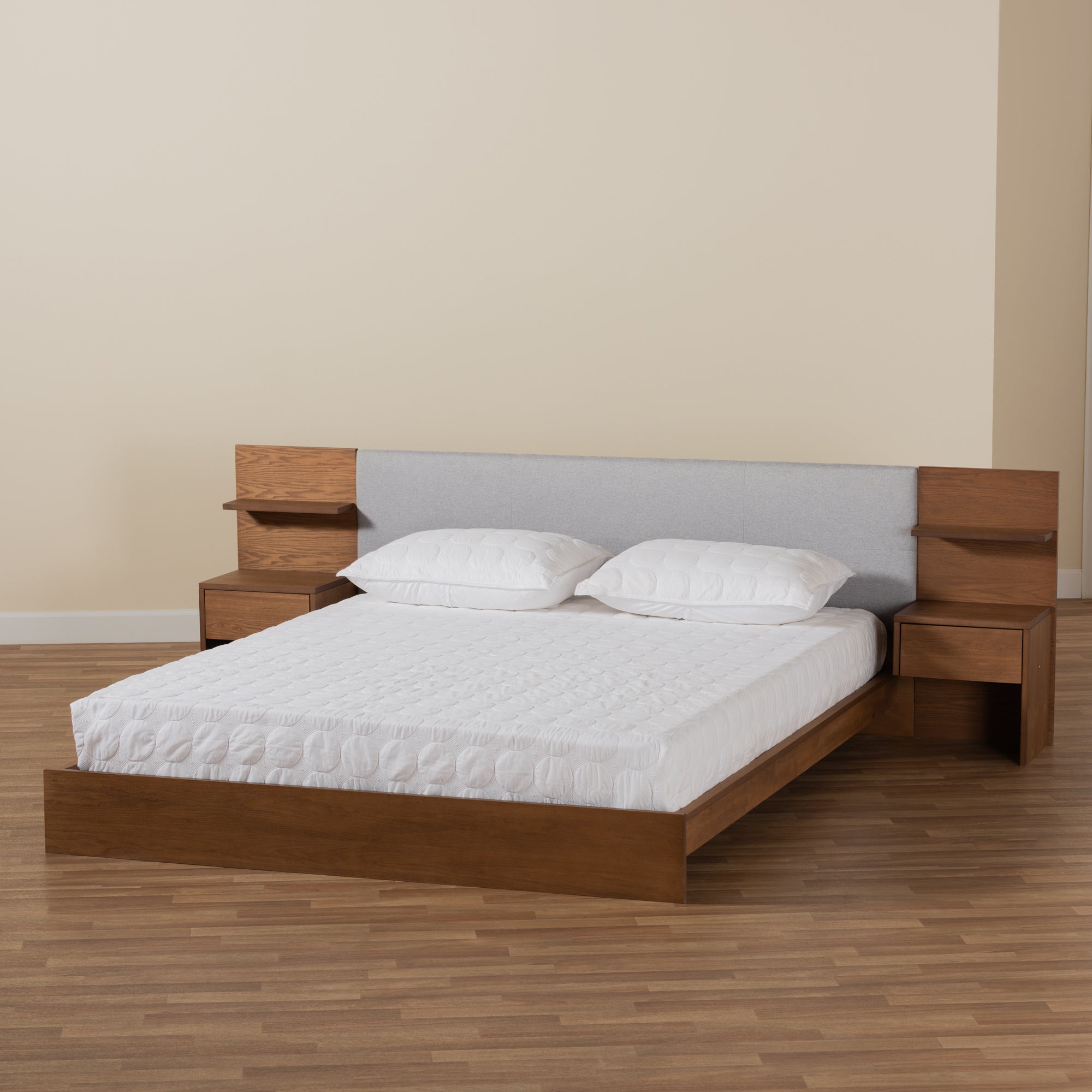 Baxton Studio Sami Modern and Contemporary Light Grey Fabric Upholstered and Walnut Brown Finished Wood Queen Size Platform Storage Bed with Built-In Nightstands