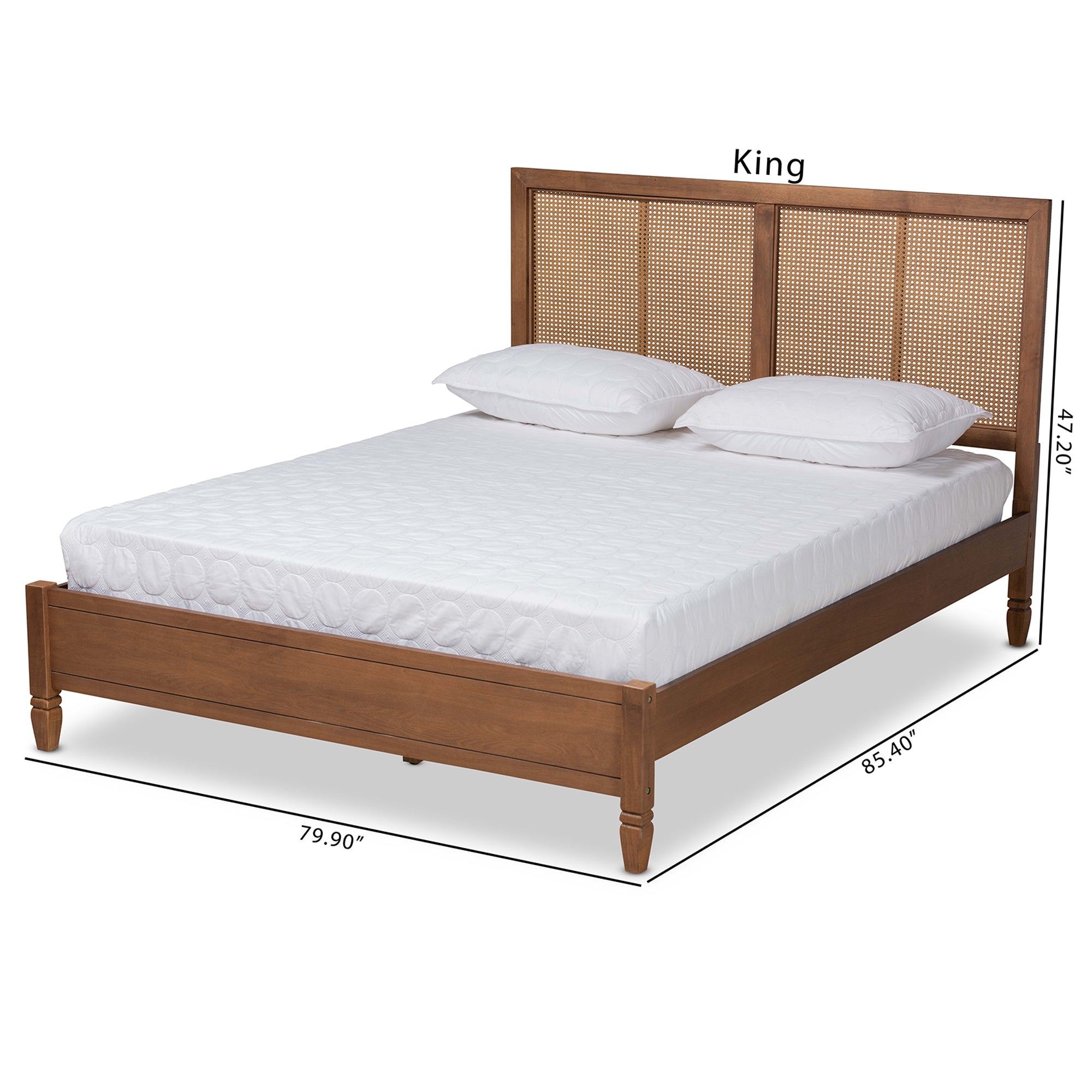 Baxton Studio Redmond Mid-Century Modern Walnut Brown Finished Wood and Synthetic Rattan Queen Size Platform Bed