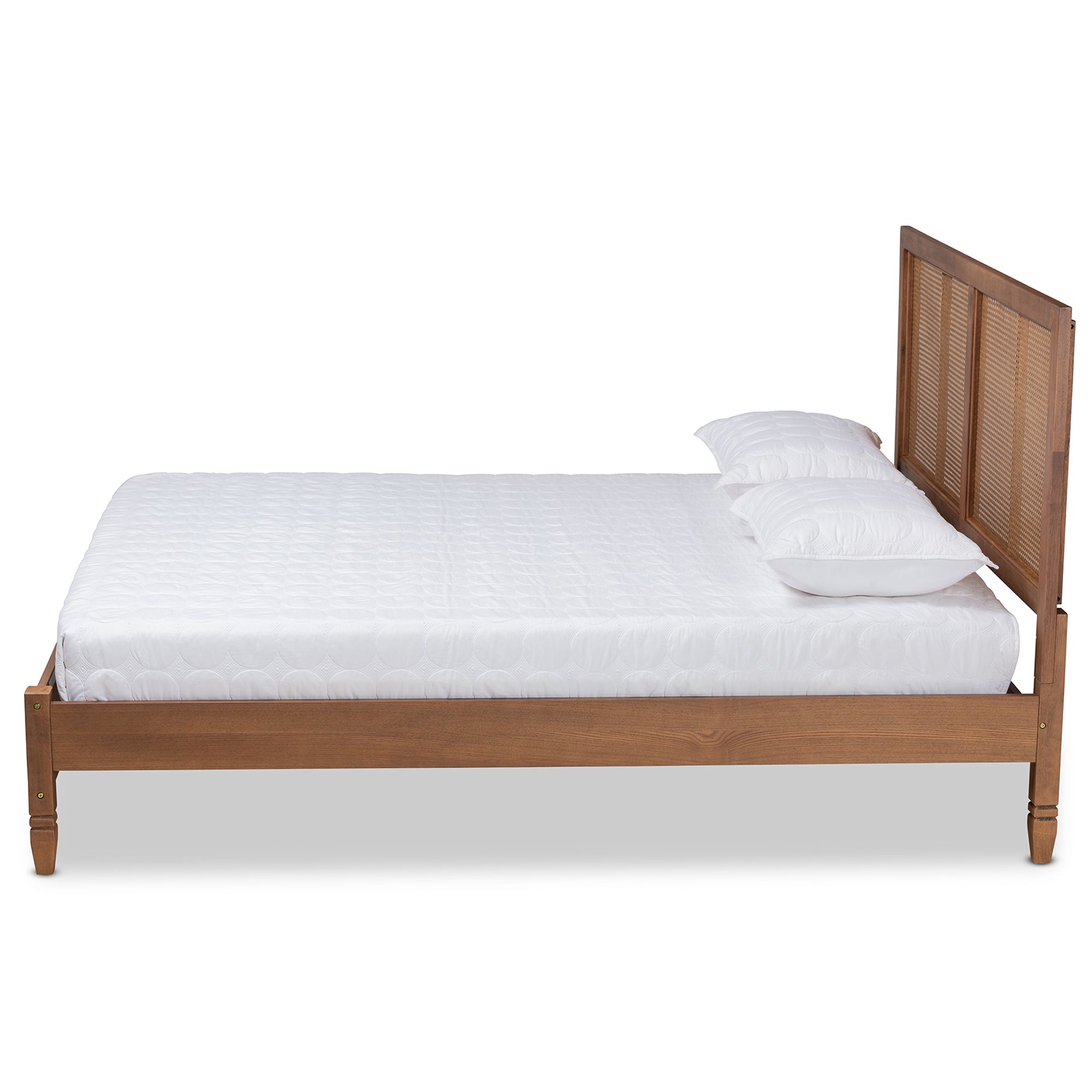 Baxton Studio Redmond Mid-Century Modern Walnut Brown Finished Wood and Synthetic Rattan Queen Size Platform Bed