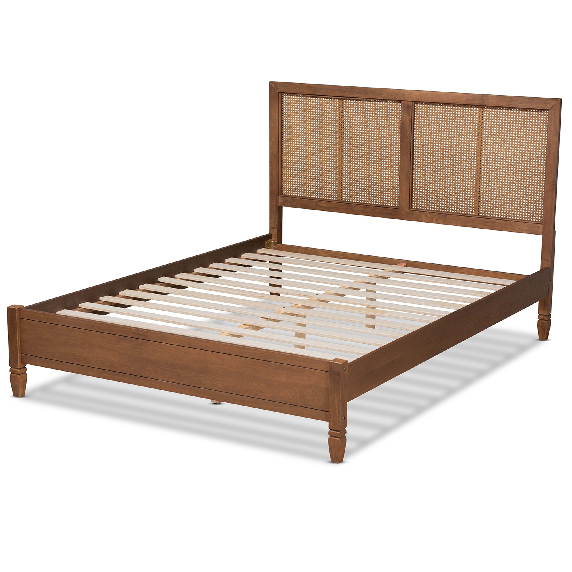 Baxton Studio Redmond Mid-Century Modern Walnut Brown Finished Wood and Synthetic Rattan Queen Size Platform Bed