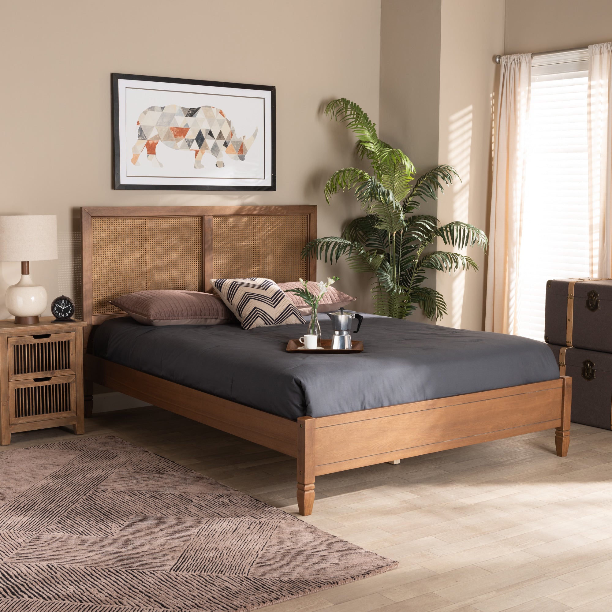 Baxton Studio Redmond Mid-Century Modern Walnut Brown Finished Wood and Synthetic Rattan Queen Size Platform Bed