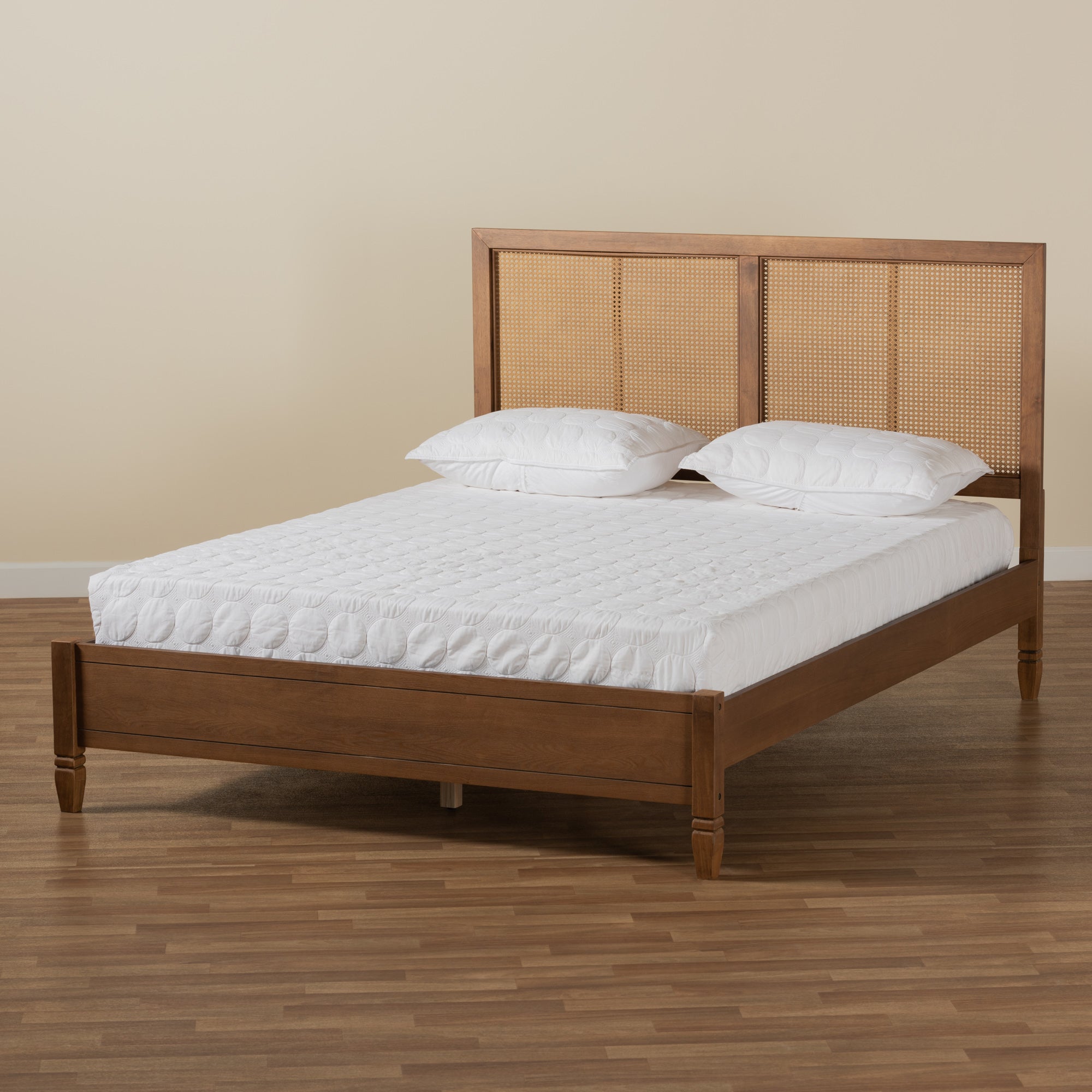 Baxton Studio Redmond Mid-Century Modern Walnut Brown Finished Wood and Synthetic Rattan Queen Size Platform Bed