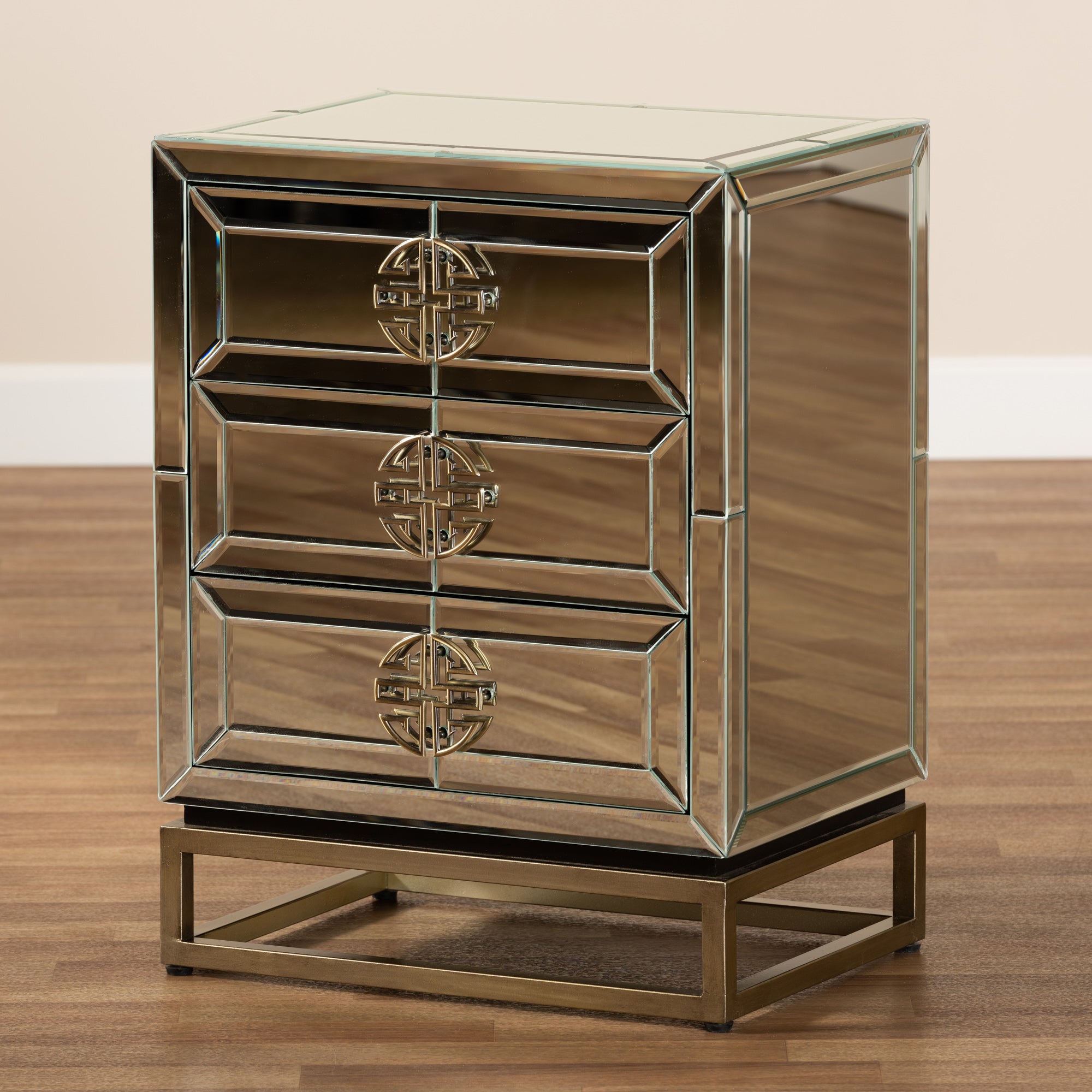 Baxton Studio Laken Contemporary Glam and Luxe Mirrored and Antique Bronze Finished 3-Drawer End Table