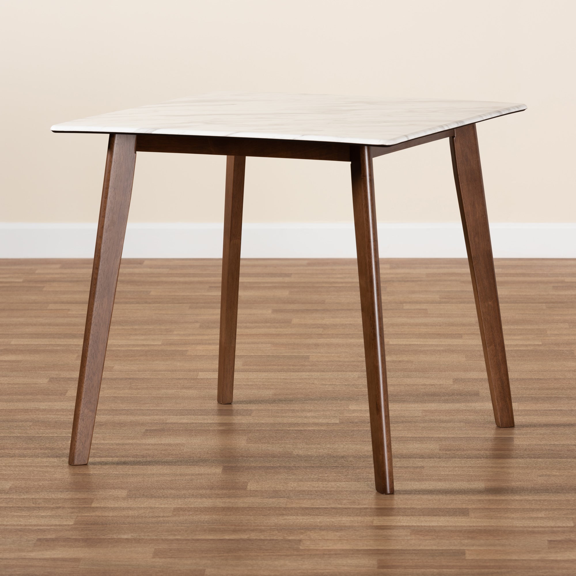 Baxton Studio Kaylee Mid-Century Modern Transitional Walnut Brown Finished Wood Dining Table with Faux Marble Tabletop