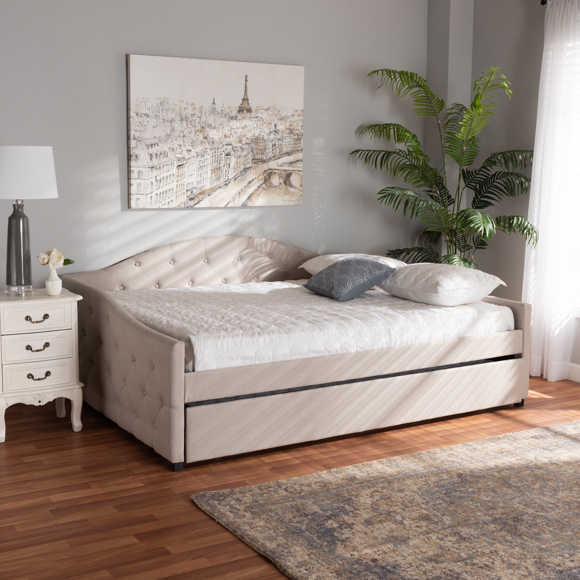 Baxton Studio Becker Modern and Contemporary Transitional Beige Fabric Upholstered Queen Size Daybed with Trundle