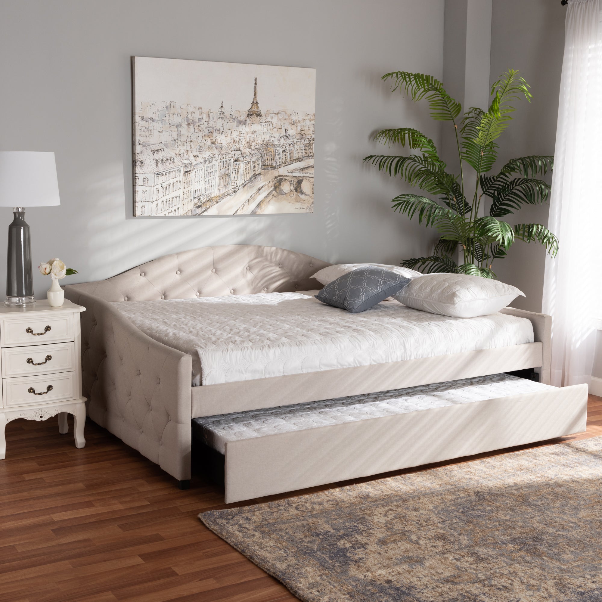 Baxton Studio Becker Modern and Contemporary Transitional Beige Fabric Upholstered Queen Size Daybed with Trundle