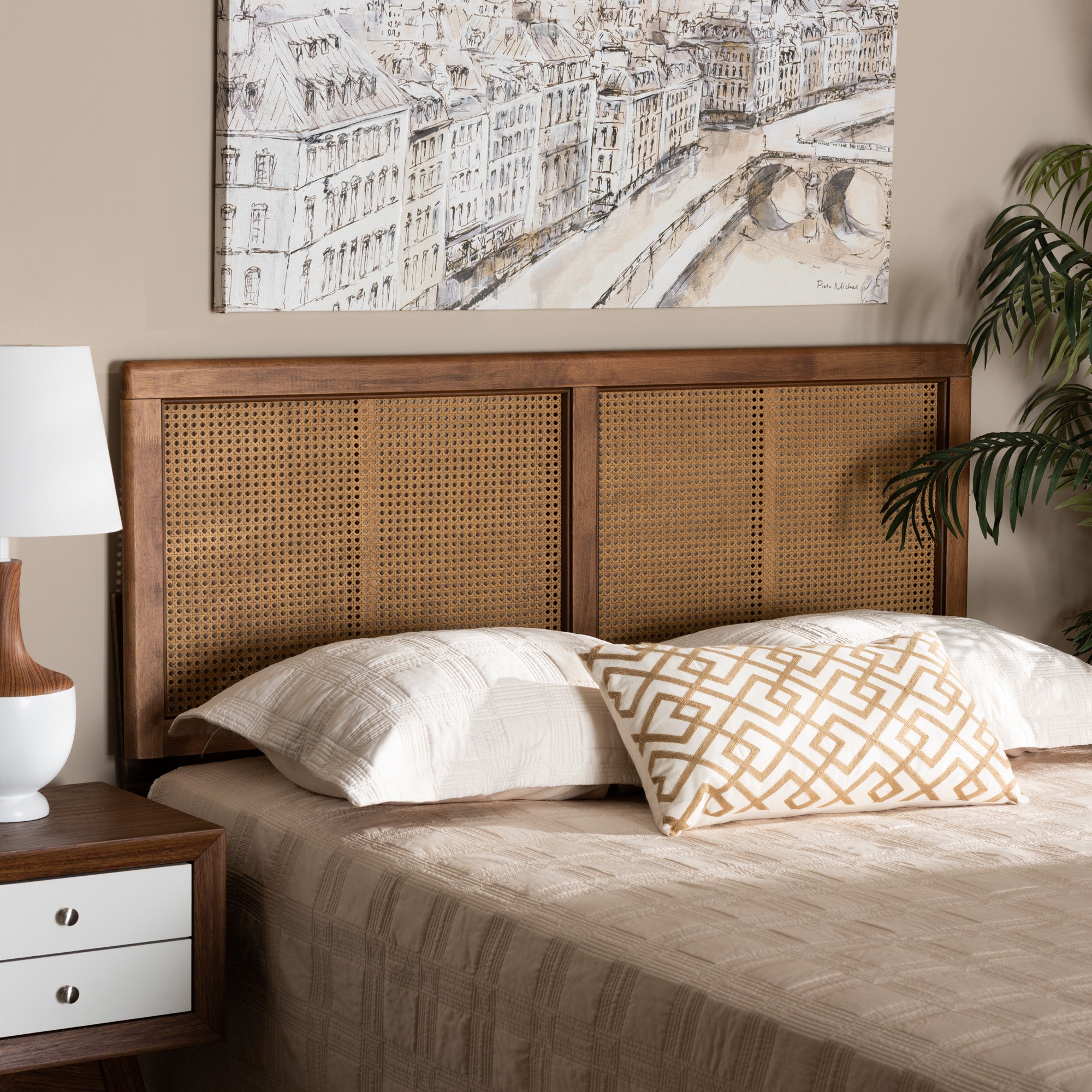 Baxton Studio Gilbert Mid-Century Modern Ash Walnut Finished Wood and Synthetic Rattan Queen Size Headboard