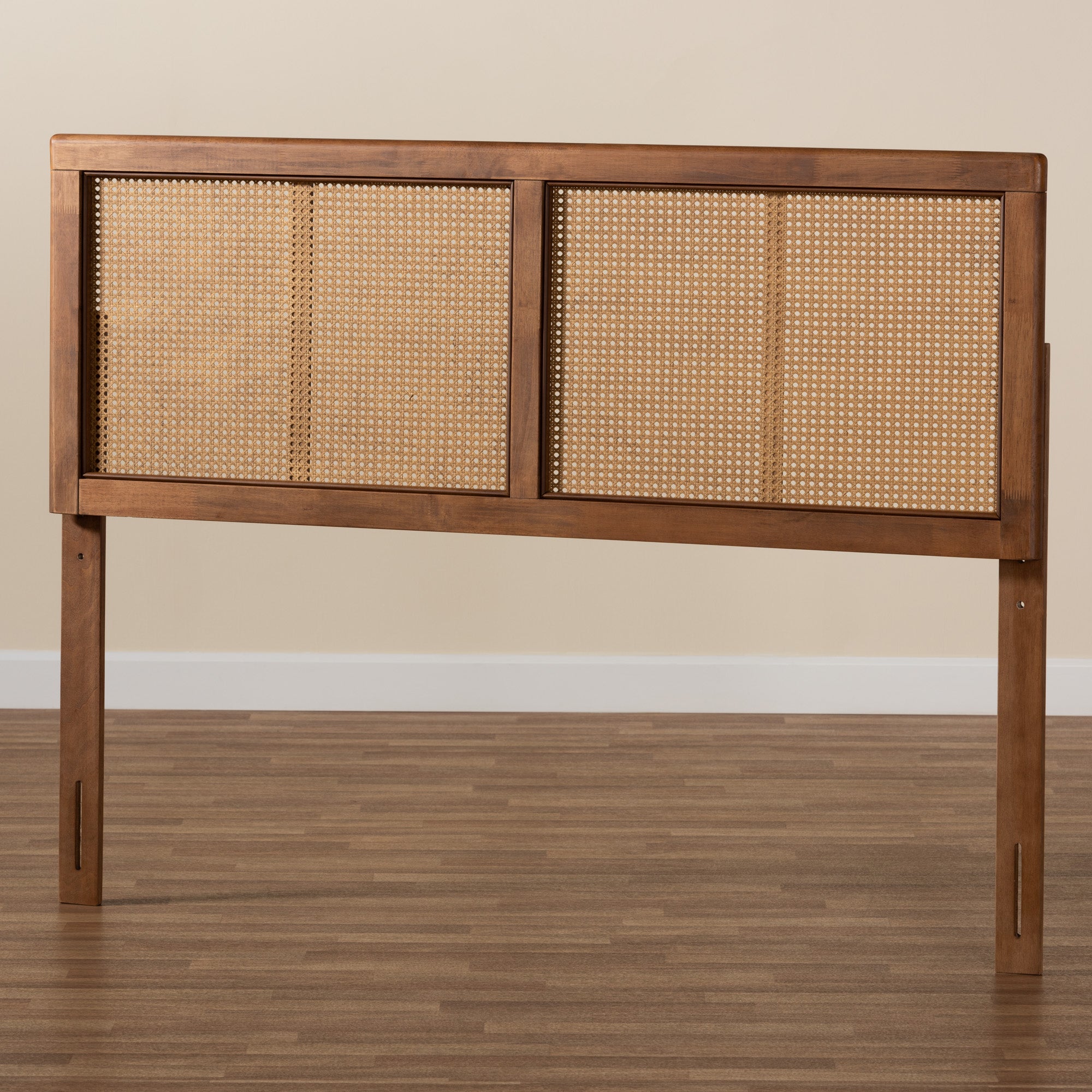 Baxton Studio Gilbert Mid-Century Modern Ash Walnut Finished Wood and Synthetic Rattan King Size Headboard