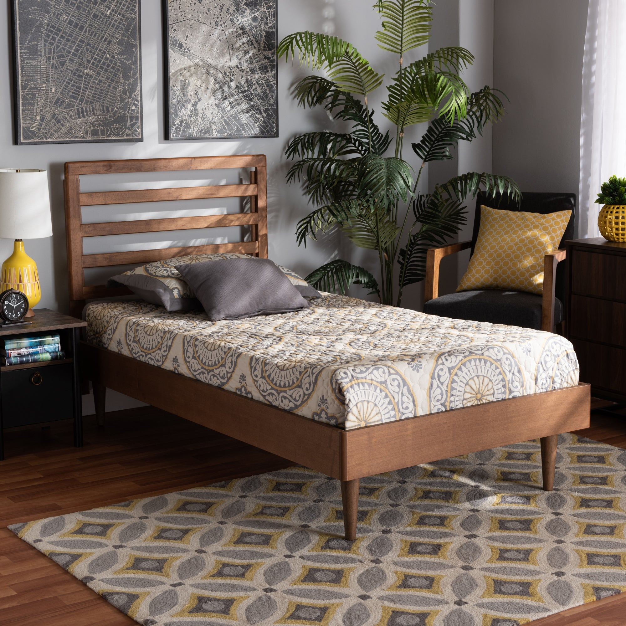 Baxton Studio Ryo Mid-Century Modern Transitional Walnut Brown Finished Wood Twin Size Platform Bed